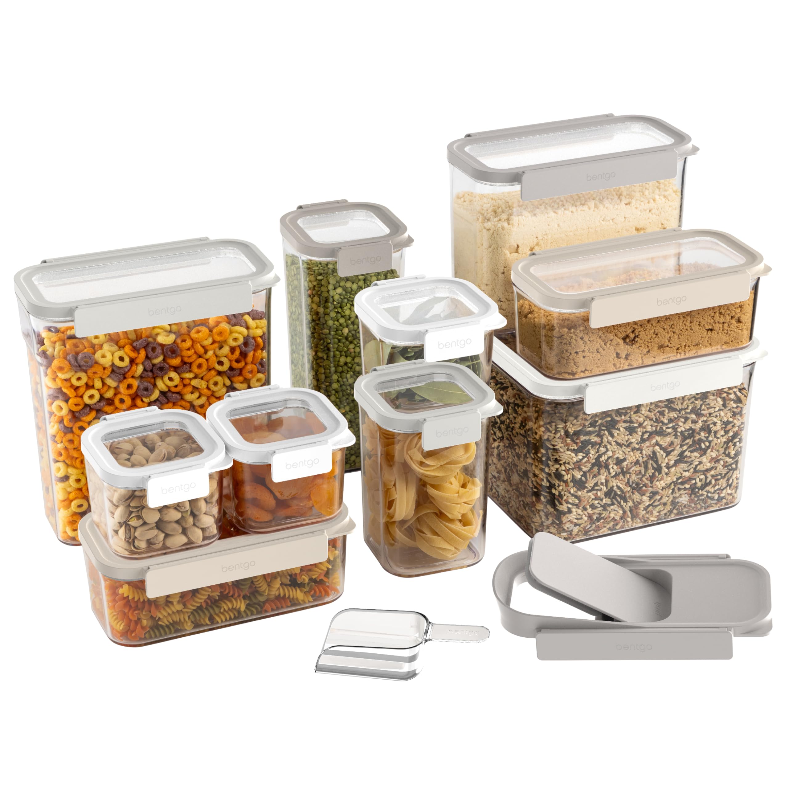Bentgo Pantry - 22-Piece Airtight Food Storage Containers, Clear and Stackable Kitchen and Pantry Organization Set, Locking Lids for Freshness, Bonus Cereal Lid & Scoop, BPA-Free Plastic (White Stone)