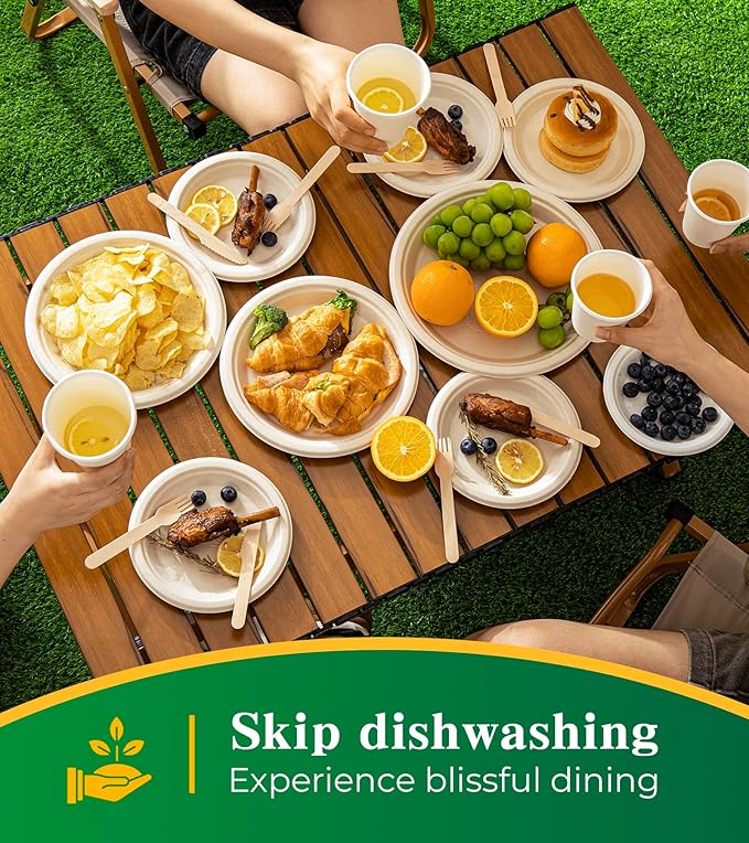 125 Count Compostable Paper Plates, 7 Inch, Heavy Duty Disposable Plates by Biodegradable Bagasse, Dessert Plates Bulk for Party | Microwave-Safe | Soak-Resistant, Cut Resistant