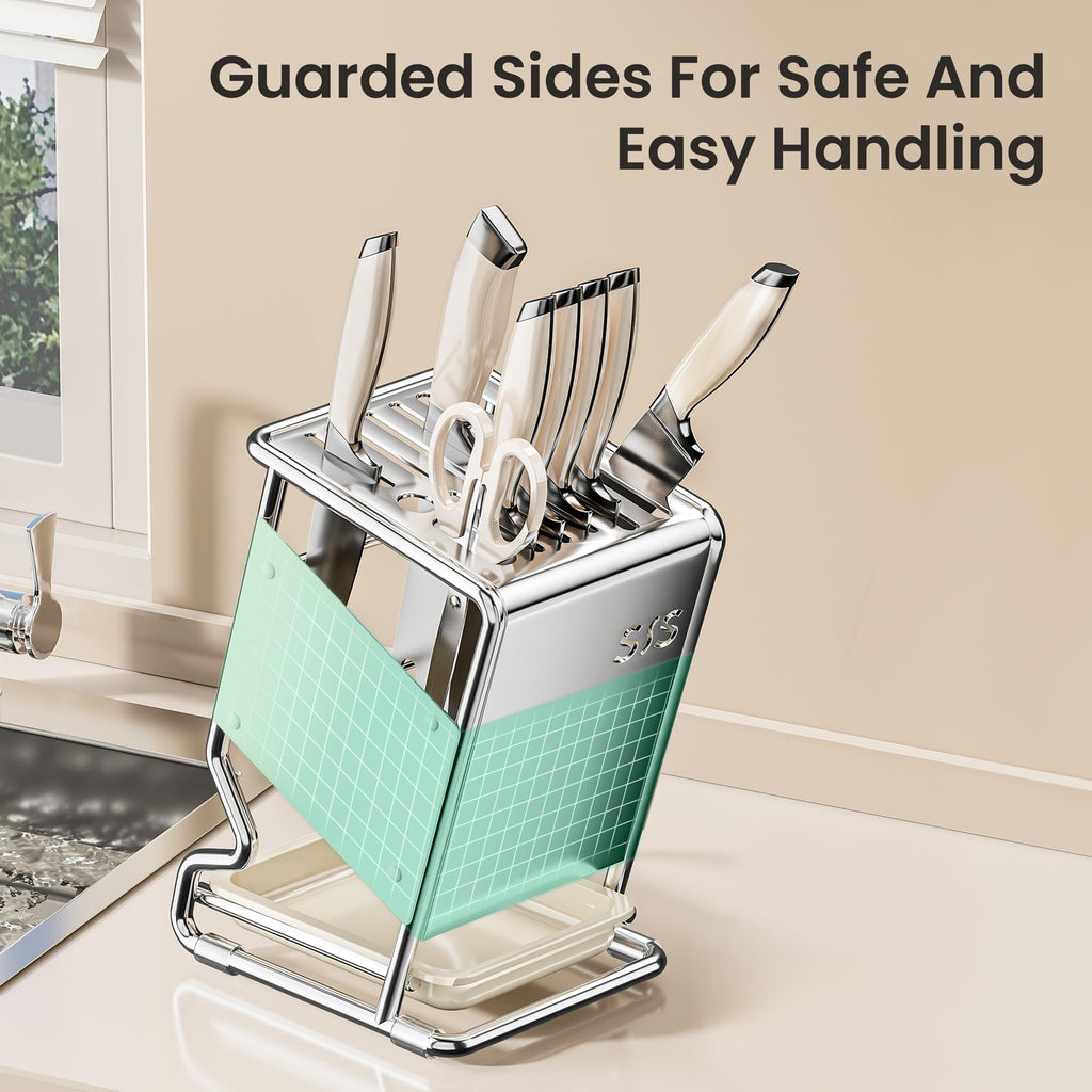Knife Block Holder without Knives, Universal Kitchen Storage Stand, Safe Space Saver Large Volume Stable Knife Storage With a drip tray at the base Detachable for Easy Cleaning - White