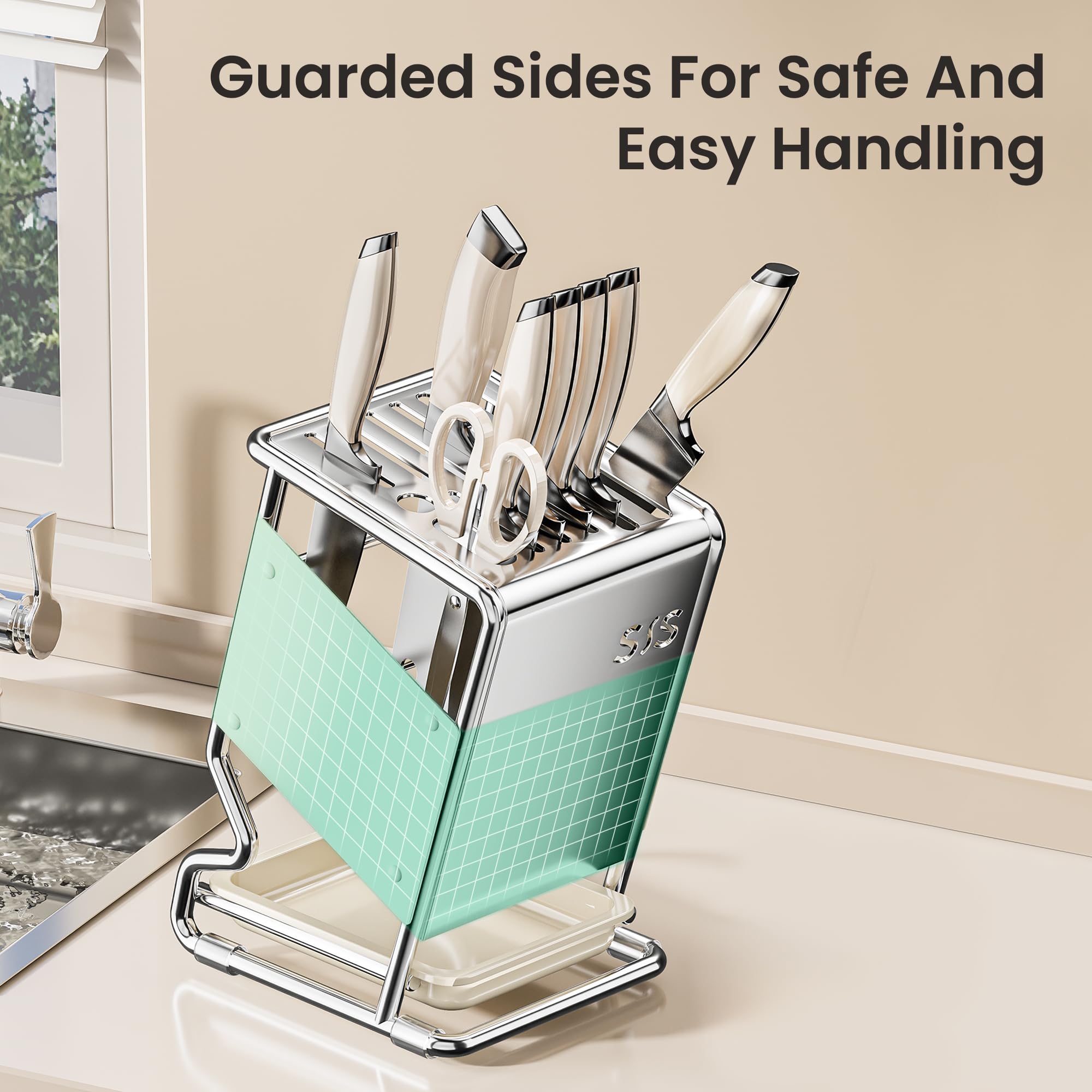 Knife Block Holder without Knives, Universal Kitchen Storage Stand, Safe Space Saver Large Volume Stable Knife Storage With a drip tray at the base Detachable for Easy Cleaning - White