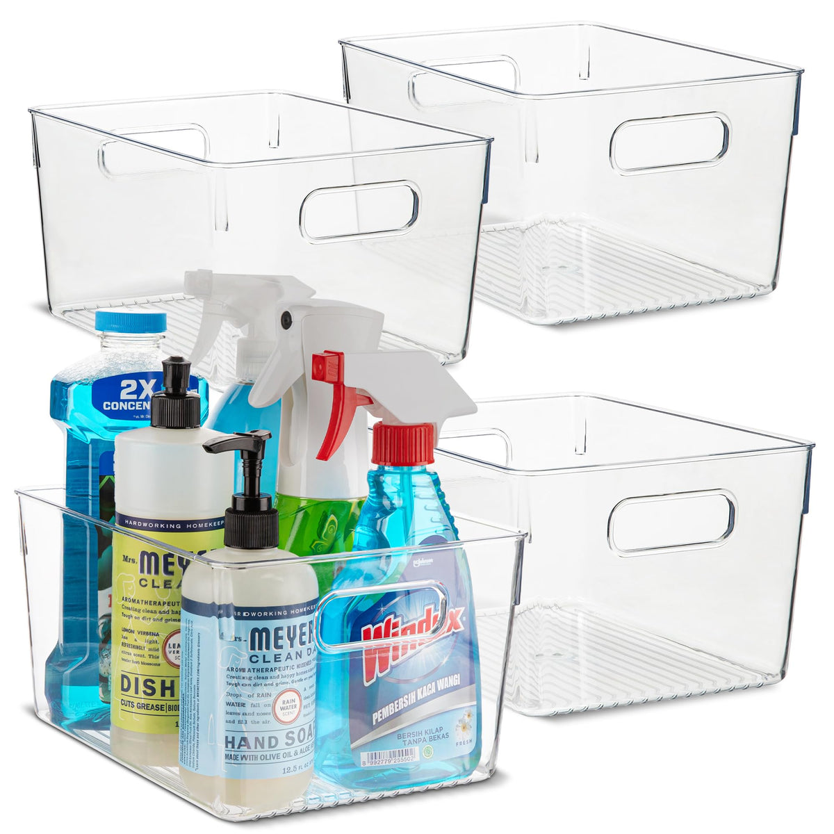 Plastic Food Storage 2 Pack Clear Container Bin with Handles for Organizing Kitchen, Pantry, Refrigerator, Freezer, Pantry, Cabinet, Closet, Bathroom. 16”x8”x5”