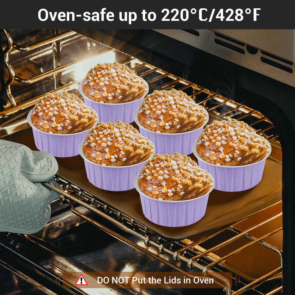 EUSOAR Disposable Ramekins with Lids, 5oz 100pcs Muffin Liners Cups with Lids, Creme Brulee Foil Ramekins, Aluminum Foil Cupcake Baking Cups, for Party Favor Birthday -Light Purple