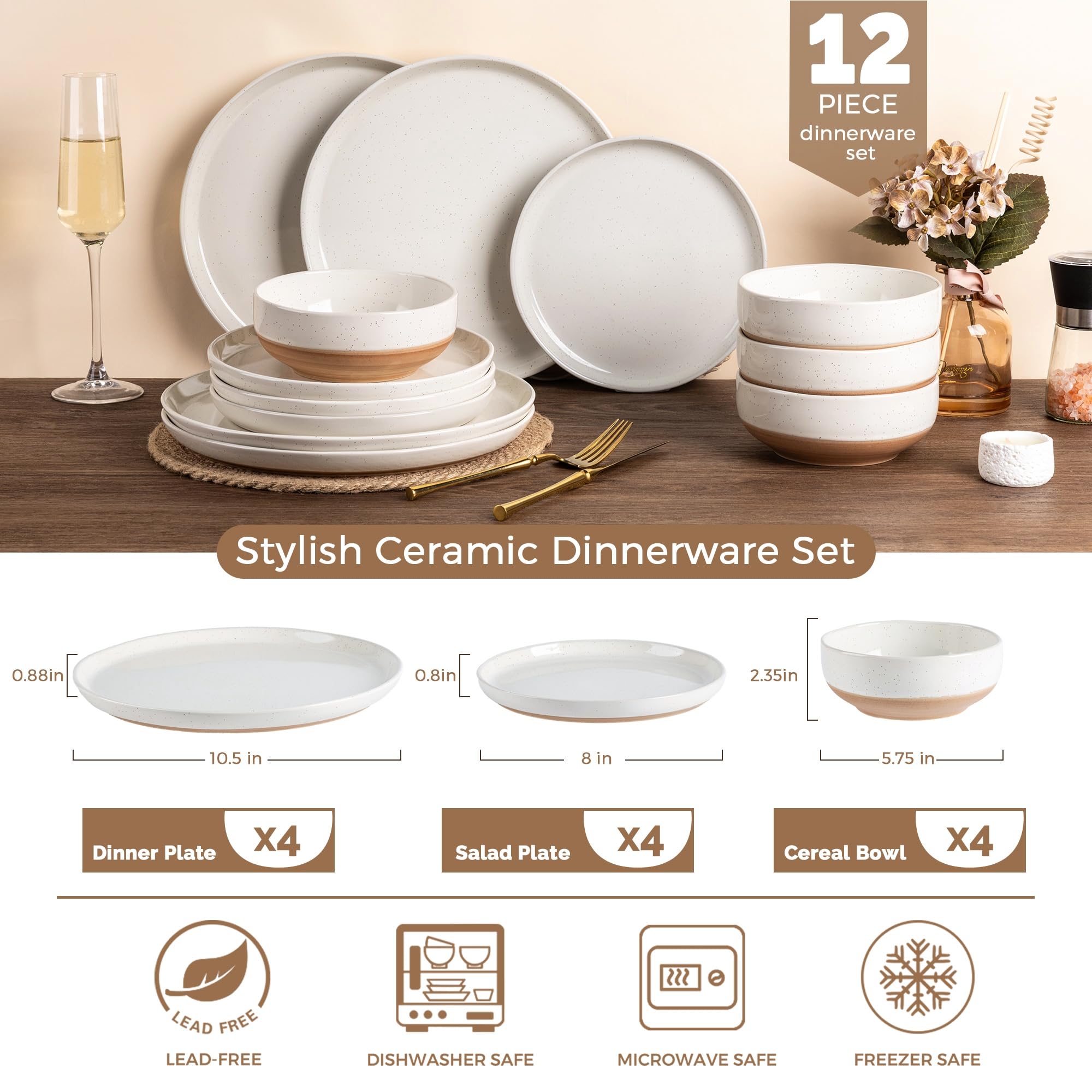 AmorArc Dinnerware Sets for 4, 12 Pieces Ceramic Plates and Bowls Set