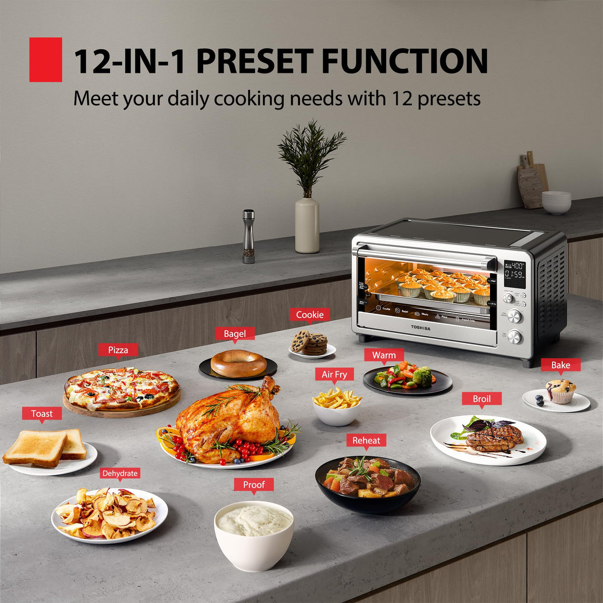 TOSHIBA ChefFry Air Fryer Toaster Oven Combo, 26.4 QT Large Capacity, 12-in-1 Countertop Toaster Oven, Stainless Steel