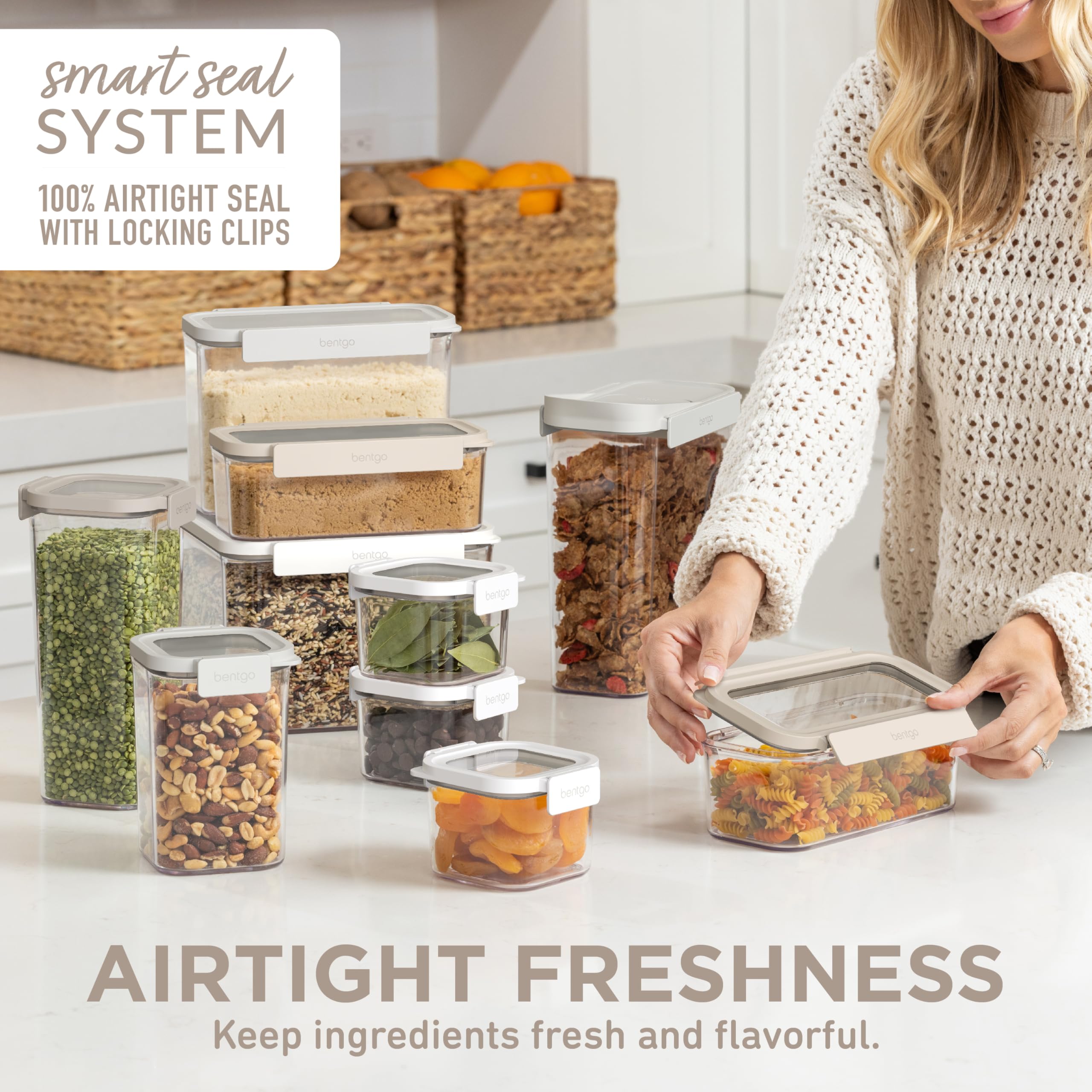 Bentgo Pantry - 22-Piece Airtight Food Storage Containers, Clear and Stackable Kitchen and Pantry Organization Set, Locking Lids for Freshness, Bonus Cereal Lid & Scoop, BPA-Free Plastic (White Stone)