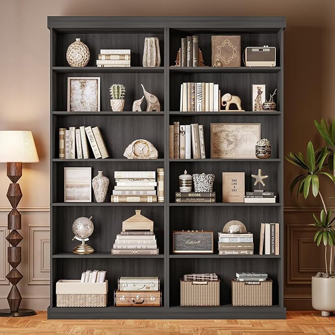 70.8" Tall Black Bookshelf, Farmhouse Modular Bookcase with 6-Tier Adjustable Shelves, Large Storage Cabinet for Home Office, Living Room, Set of 3
