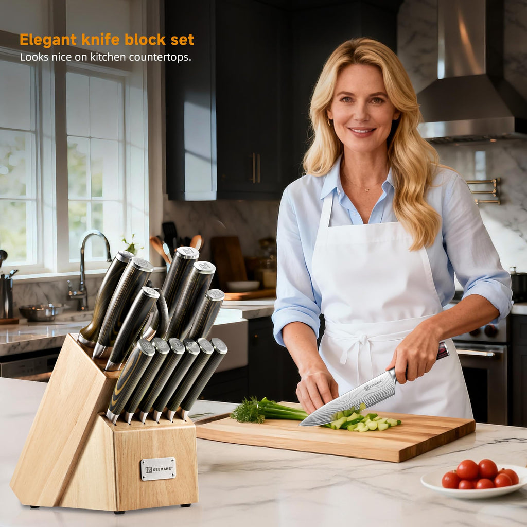 KEEMAKE 14 Piece Kitchen Knife Set with Wood Block