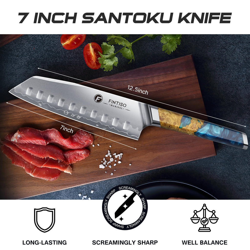 FINTISO 7" Santoku Knife, S35VN Powder Steel Core Japanese Chef Knife