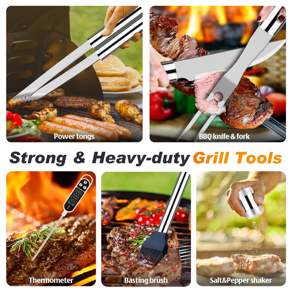 ROMANTICIST 26pcs Grilling Gifts for Men, Dad Gifts for Father's Day, Stainless Steel BBQ Grill Accessories Tools Set, Heavy Duty BBQ Utensils Kit with Apron, Thermometer, Mats in Aluminum Case Silver