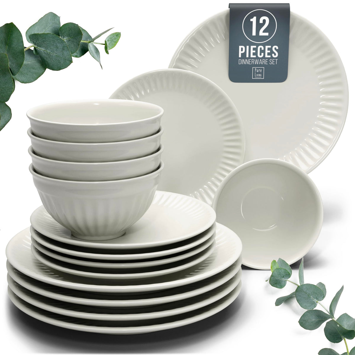 12 Piece Stoneware Dinnerware Set for 4, Handmade Plates and Bowls Set