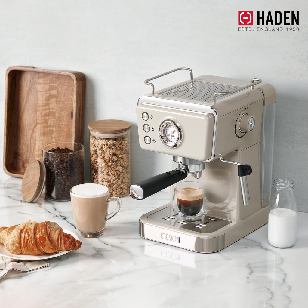 HADEN Barista Brew Espresso Coffee Machine, Stainless Steel Espresso Maker with Milk Frother and Steamer Function and 1.5L Water Tank, Putty & Copper