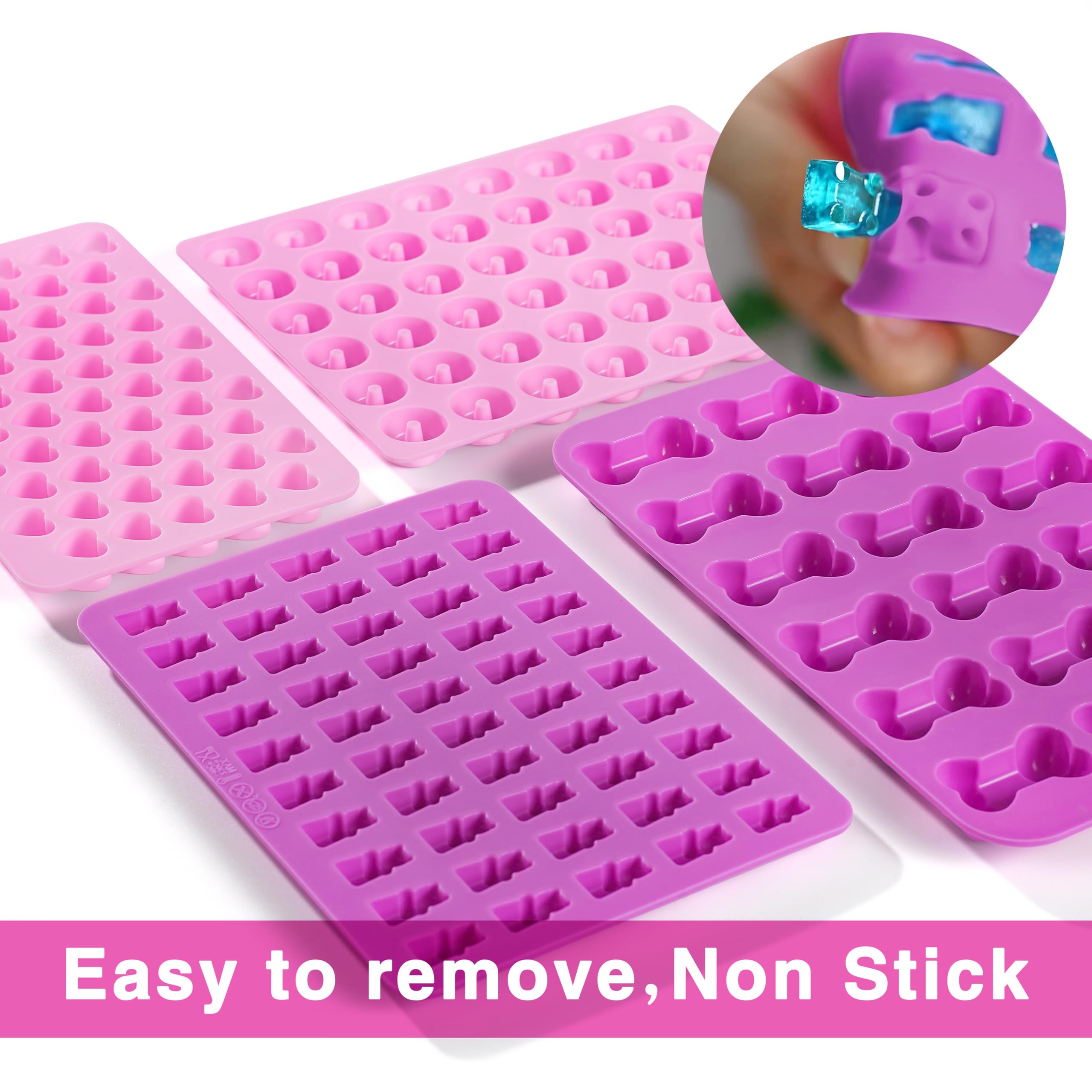Gummy Candy Molds, 4 Pcs Silicone Chocolate Molds with 4 Droppers, Non-stick Candy Molds for Caramels, Ganache, Ice Cubes, Bone Bear Donut Heart Shape Included