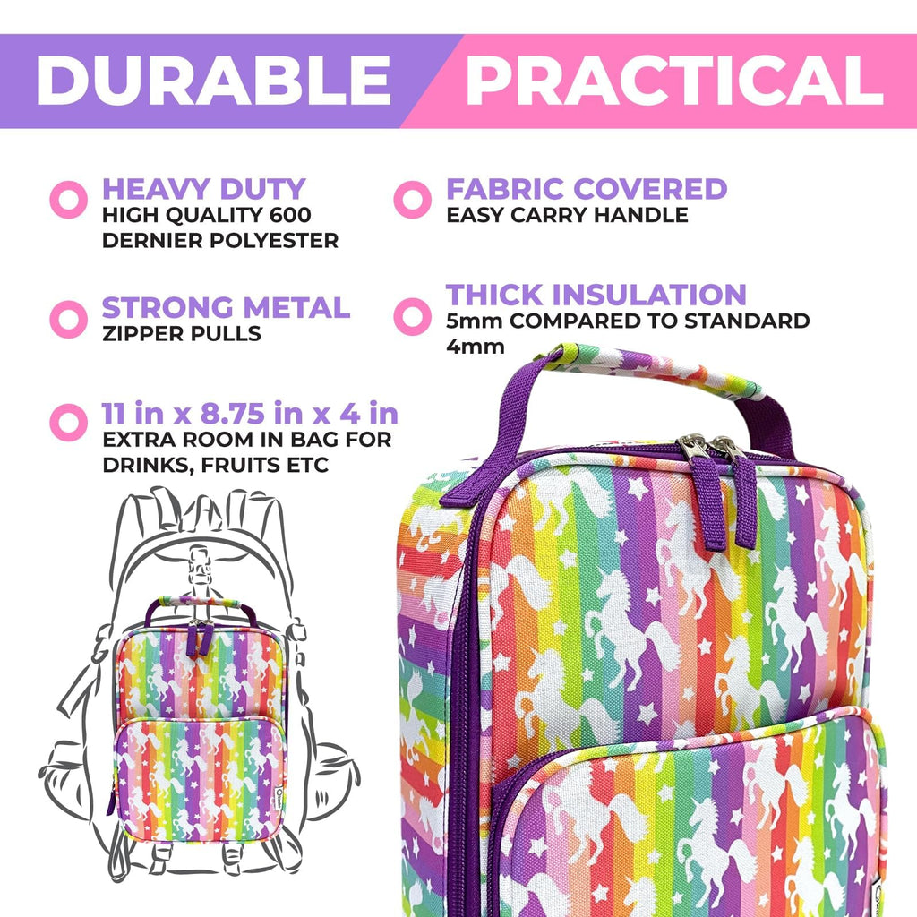 kinsho Bento Lunch Box with Insulated Bag, Ice Pack and Accessories for Girls. Snack Containers with 4 Compartment Dividers for Toddlers Pre-School Daycare BPA Free Set, Utensils, Rainbow Unicorn