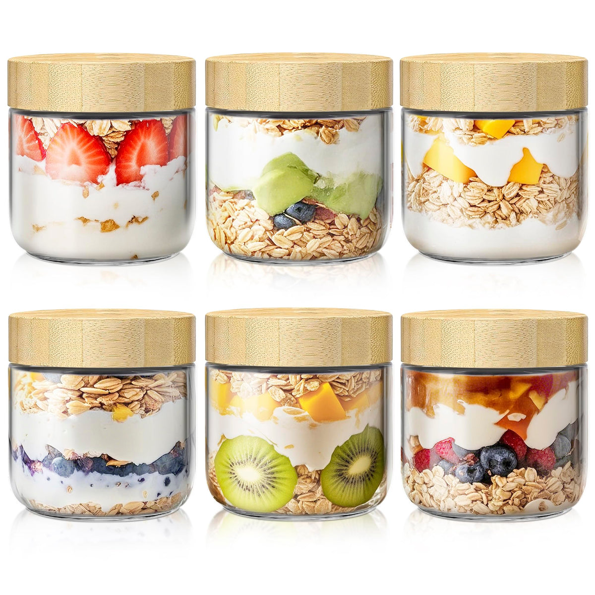 10 oz Overnight Oats Containers with Bamboo Lids, Glass Mason Jars 6 Pack