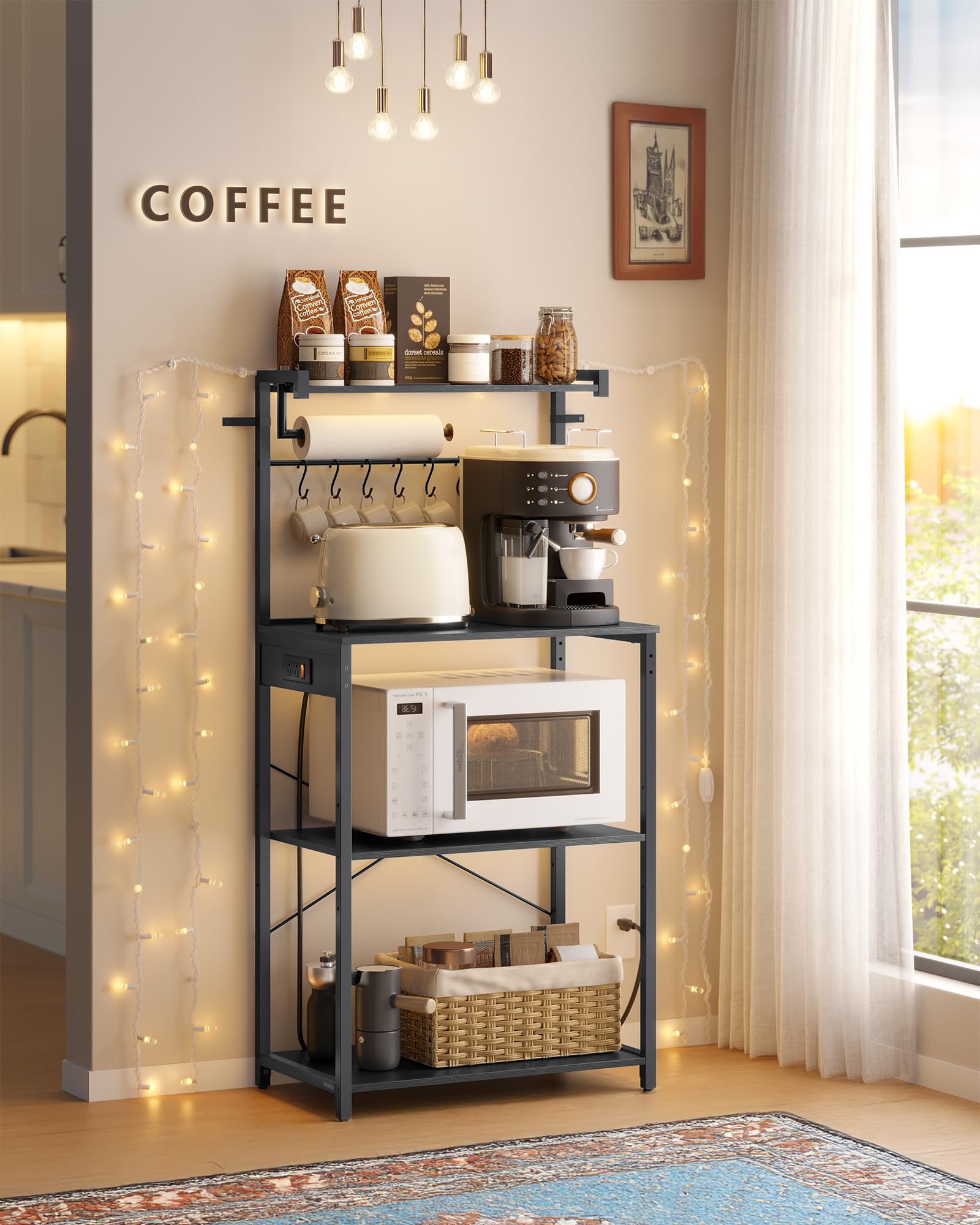 VASAGLE BARNET Collection - Kitchen Bakers Rack with Power Outlet, 23.6-Inch Wide Coffee Bar 4-Tier with 8 S Hooks, Modern Microwave Stand, Adjustable Shelf, Charcoal Gray and Ink Black UKKS014B01V1