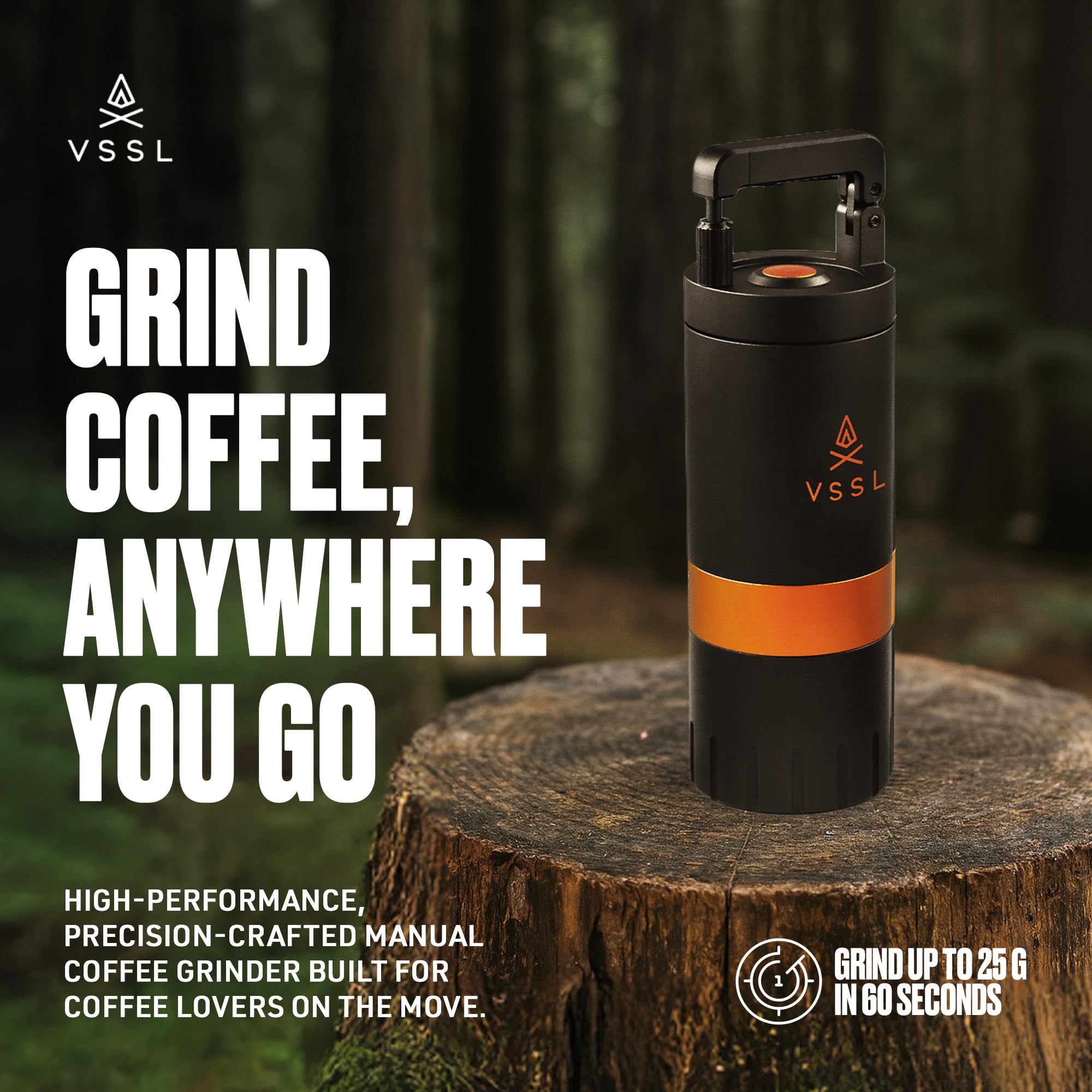 【VSSL Java G45】Premium Manual Coffee Grinder | Portable Coffee Grinder for Camping or Hiking | Straight Handle French Press, Drip, Espresso with Stainless Steel Conical Burr Mill | 45 gram capacity