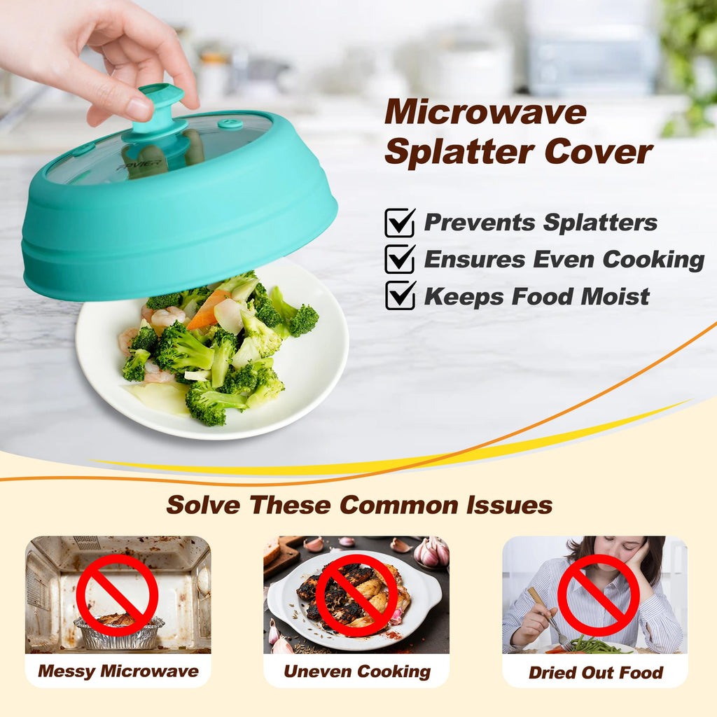 Microwave Splatter Cover, Vented Silicone & Glass Anti-Splatter Lid with Handle, Collapsible Food Plate Cover Fits 6–11 Inch Plates and Bowls (Blue, 9inch)