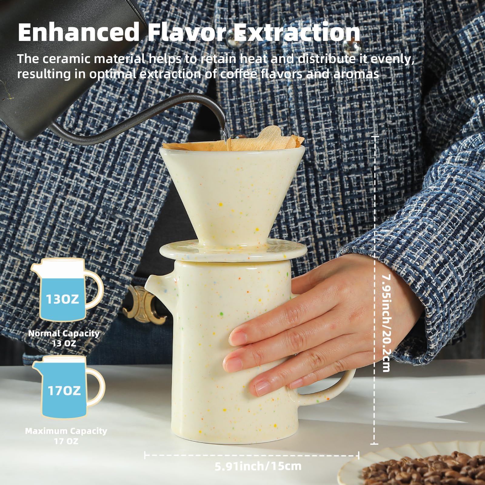 DIF DECO Pour Over Coffee Maker Set,Ceramic Pour Over Coffee Dripper Set with 20 Count Paper Coffee Filters,for Home Café Restaurant Camping,15.8 Ounces(Multi-Color Dot)