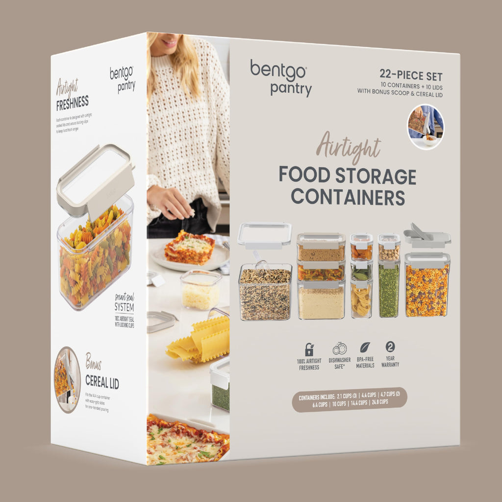 Bentgo Pantry - 22-Piece Airtight Food Storage Containers, Clear and Stackable Kitchen and Pantry Organization Set, Locking Lids for Freshness, Bonus Cereal Lid & Scoop, BPA-Free Plastic (White Stone)