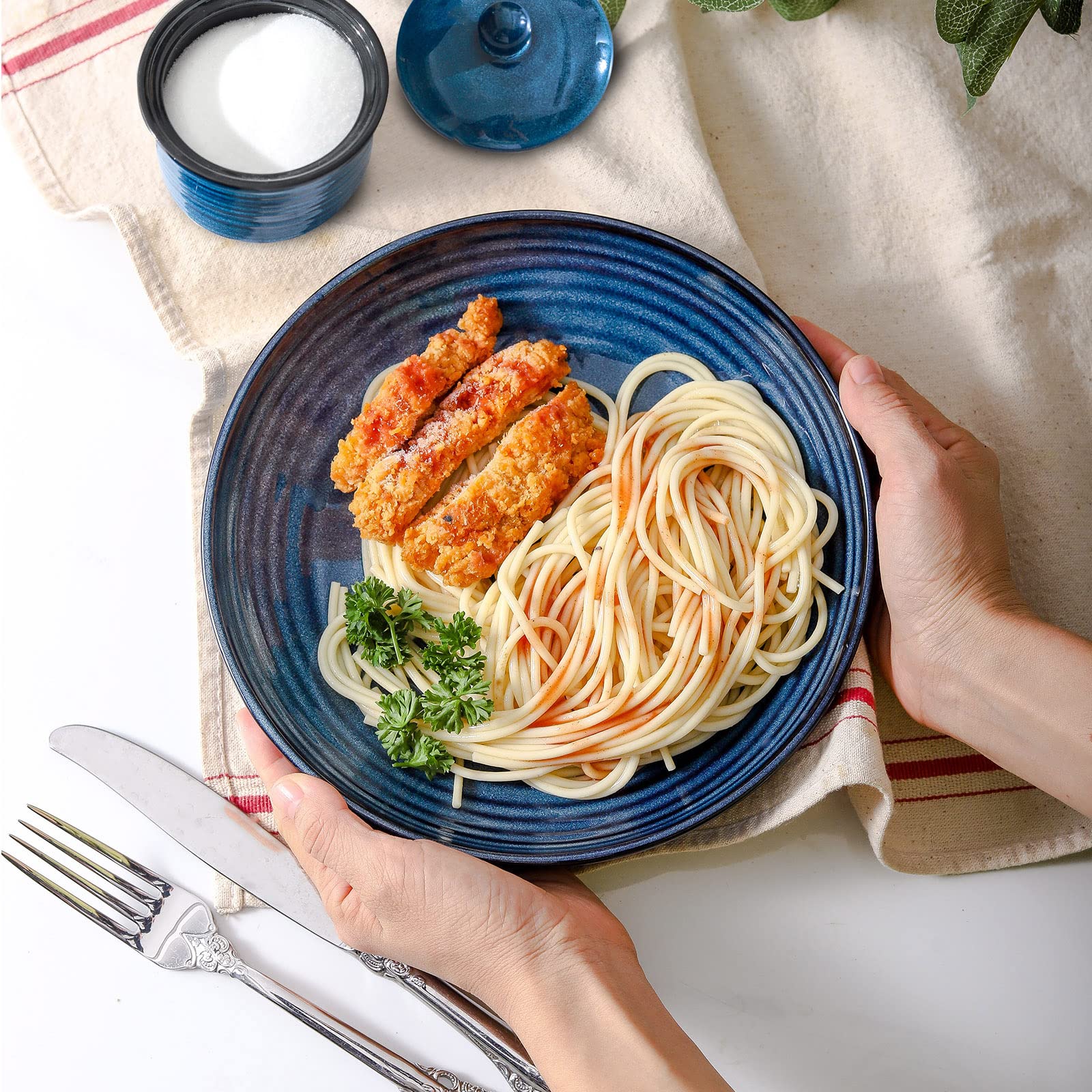 HASENSE Pasta Bowls Set of 2, 8.7 Inch Reactive Glazed Ceramic Salad Serving Bowls for Kitchen, 32 Ounce Shallow Bowls for Pasta Soup Salad Dinner, Microwave Dishwasher Safe, Navy Blue