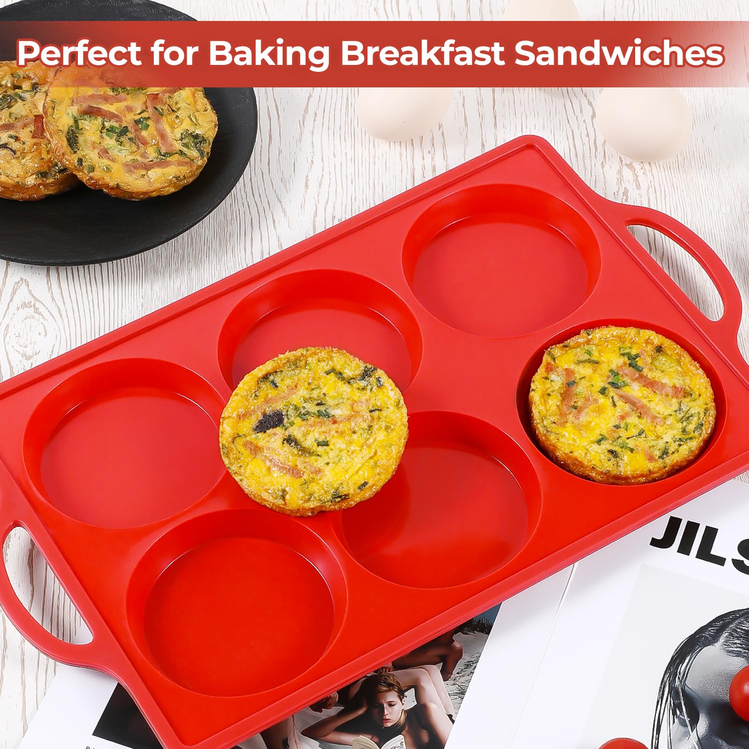 CAKETIME Muffin Top Pan Non Stick, 4 Inch Metal Frame Round Silicone Egg Baking Pan for Oven English Muffins, Whoopie Pies, Corn Bread, Egg Bites, Breakfast Sandwiches Tarts 3 Pack Red