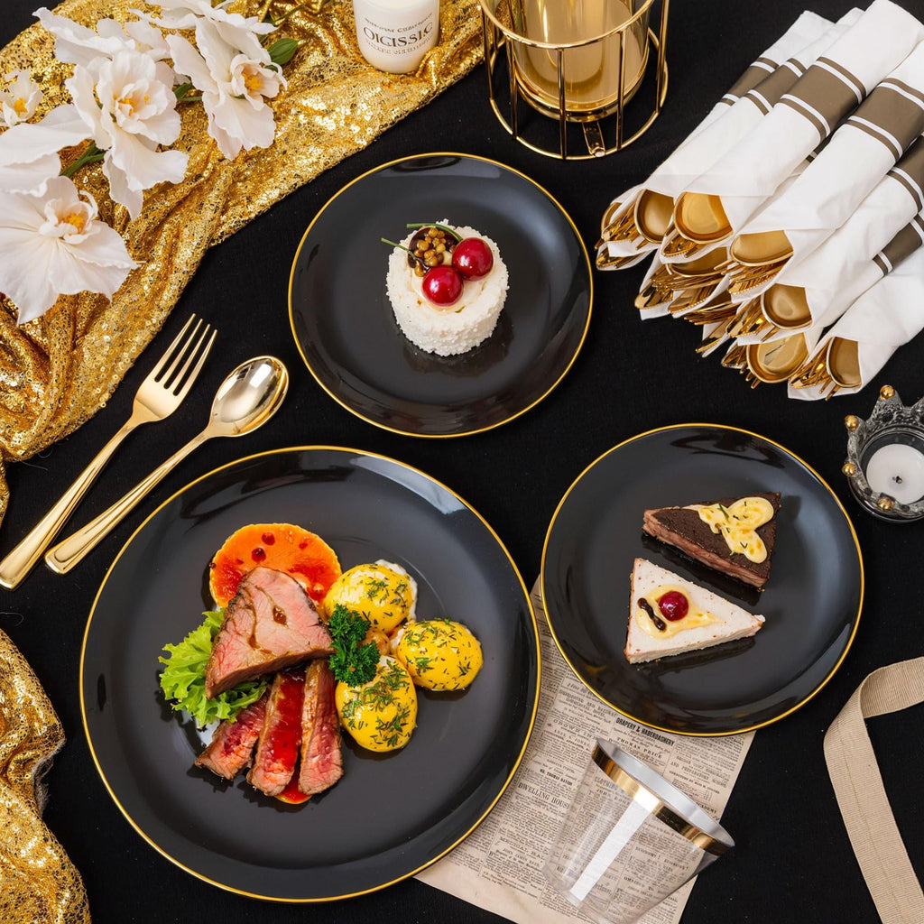 KIRE 60PCS Black Plastic Plates - Black Disposable Plates with Gold Rim - Include 30Pcs 10.25inch for Dinner and 30Pcs 7.5inch for Dessert for Wedding/Graduation/Party
