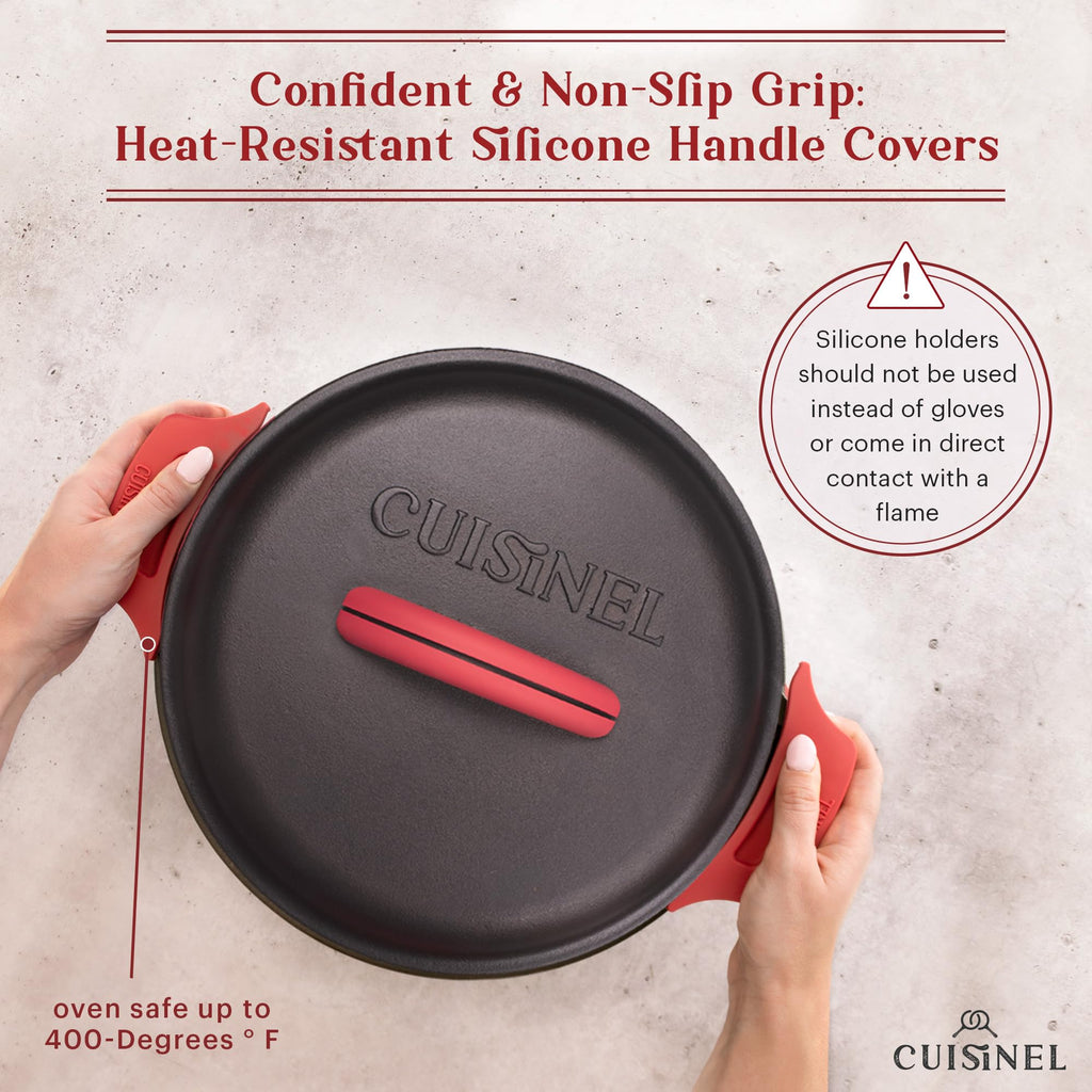 Cuisinel Cast Iron Dutch Oven - 7-Quart Deep Pot + Lid + Pan Scraper + Handle Covers - Large Pre-Seasoned Cooker for Baking Bread, Soup, Frying - Indoor/Outdoor Kitchen, Camping, Fire, BBQ Safe