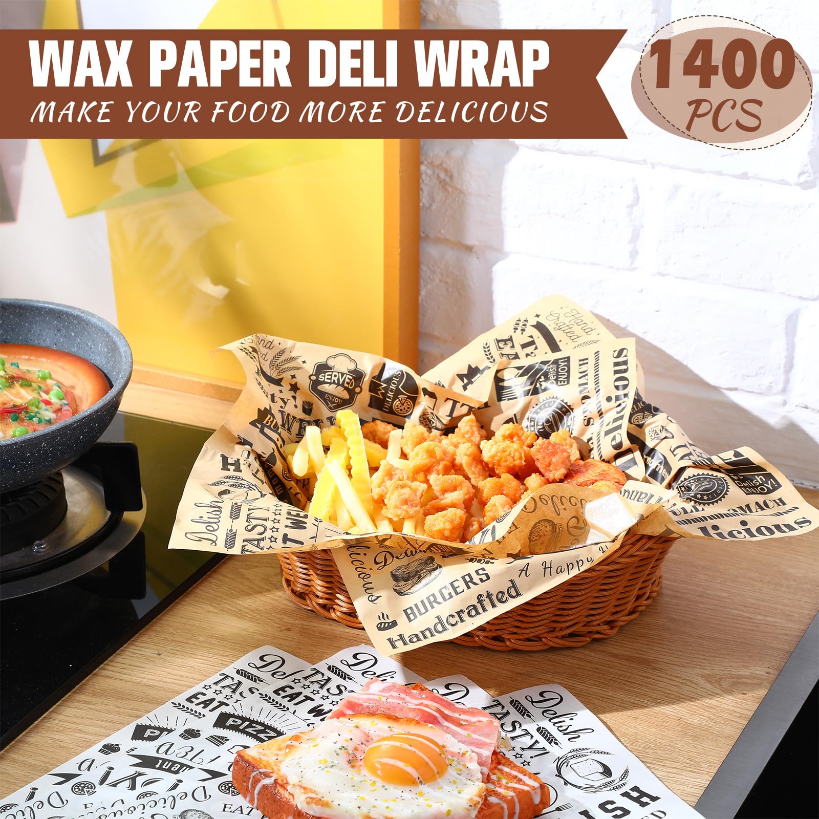 1400 Pcs 12 x 12 Inch Deli Wax Paper Sheets Grease Resistant Tray Basket Liners Newsprint Paper Water and Grease Proof Sandwich Wrapping Square Hot Dog Wrappers for Food Baking (Brown,White)