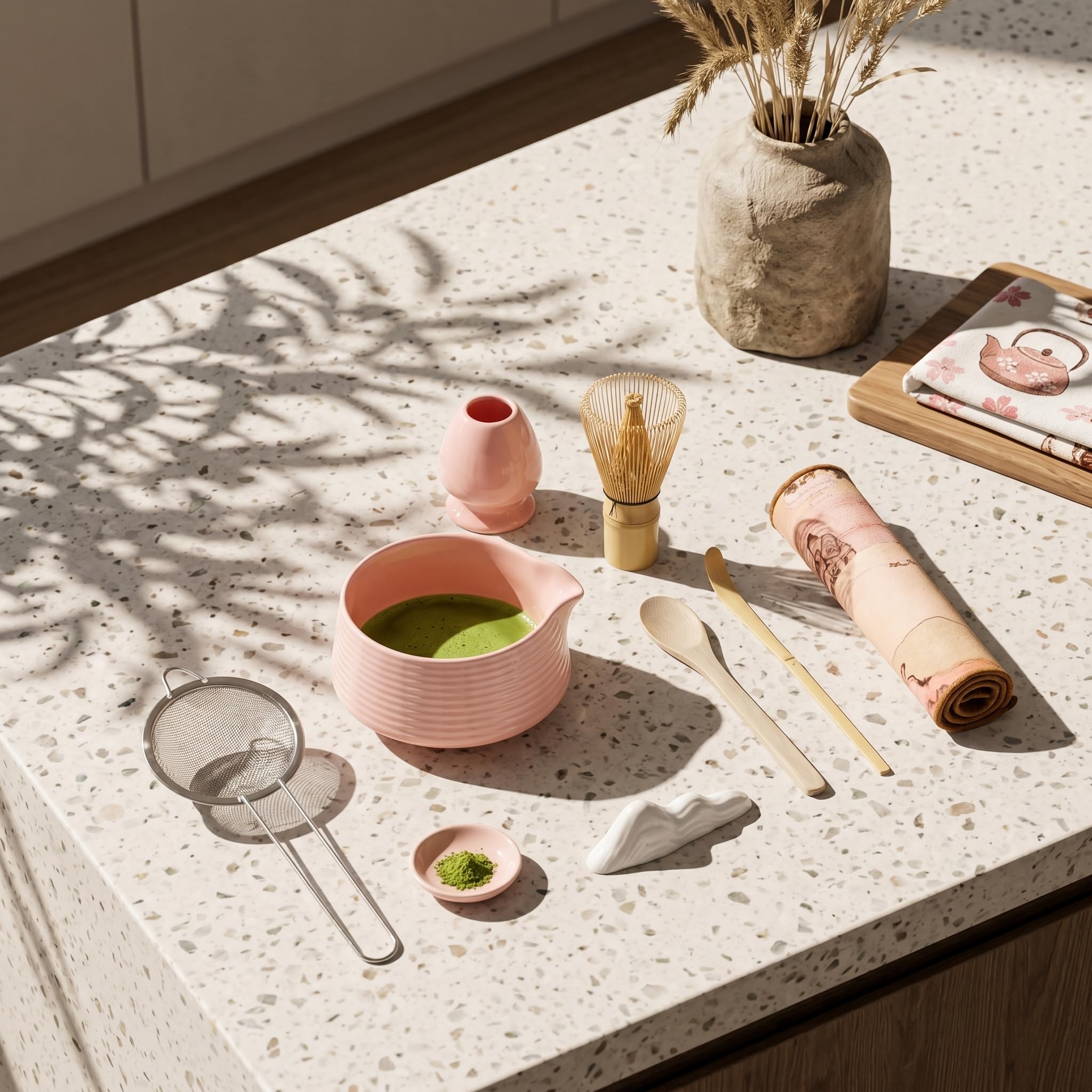 8-Piece Traditional Matcha Tea Set with Spouted Ceramic Bowl, Bamboo Whisk and Holder, Complete Japanese Matcha Kit for Home Latte Preparation, Includes Sifter and Scoop Rest, Premium Gift Box(pink)