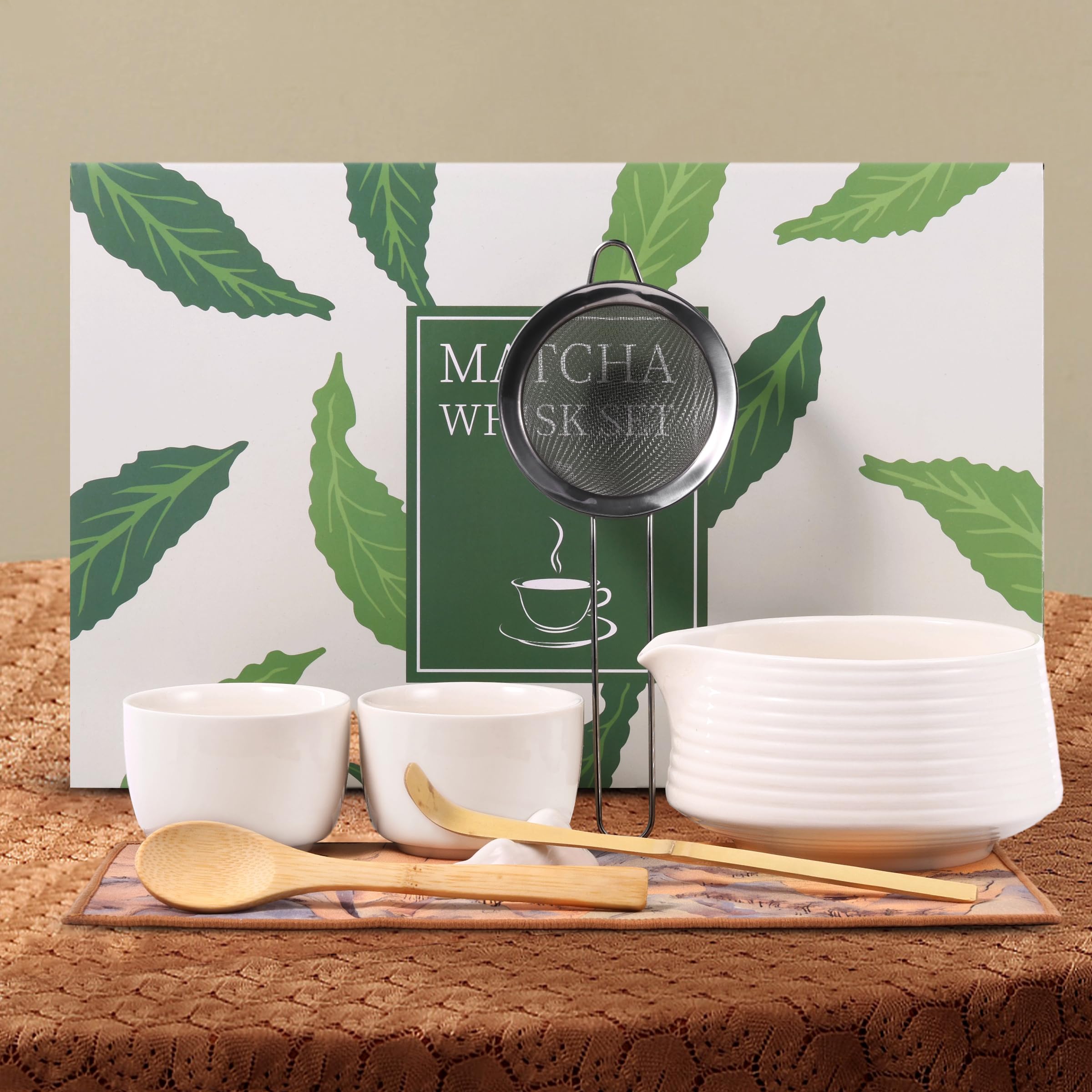 HELPLX Matcha Whisk Set, 10-Piece Japanese Matcha Kit with Bowl, Whisk & Holder, 2 Tea Cups, Bamboo Scoop, Spoon, Sifter, Scoop Rest & Tea Towel – White Matcha Tea Set for Ceremony or Daily Use