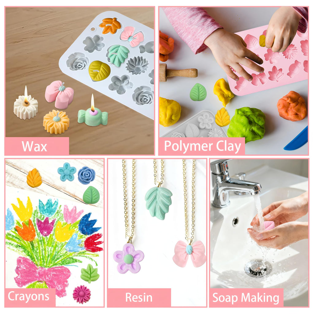 2PCS Silicone Flower Molds,Flower Chocolate Mold,Rose Leaf Tulip Daisy Bow Tie Candy Molds Silicone Gummy Jello Ice Cube Baking Soap Pudding Cookie Molds for Desserts Making,Cupcake Toppers,Cake Decor