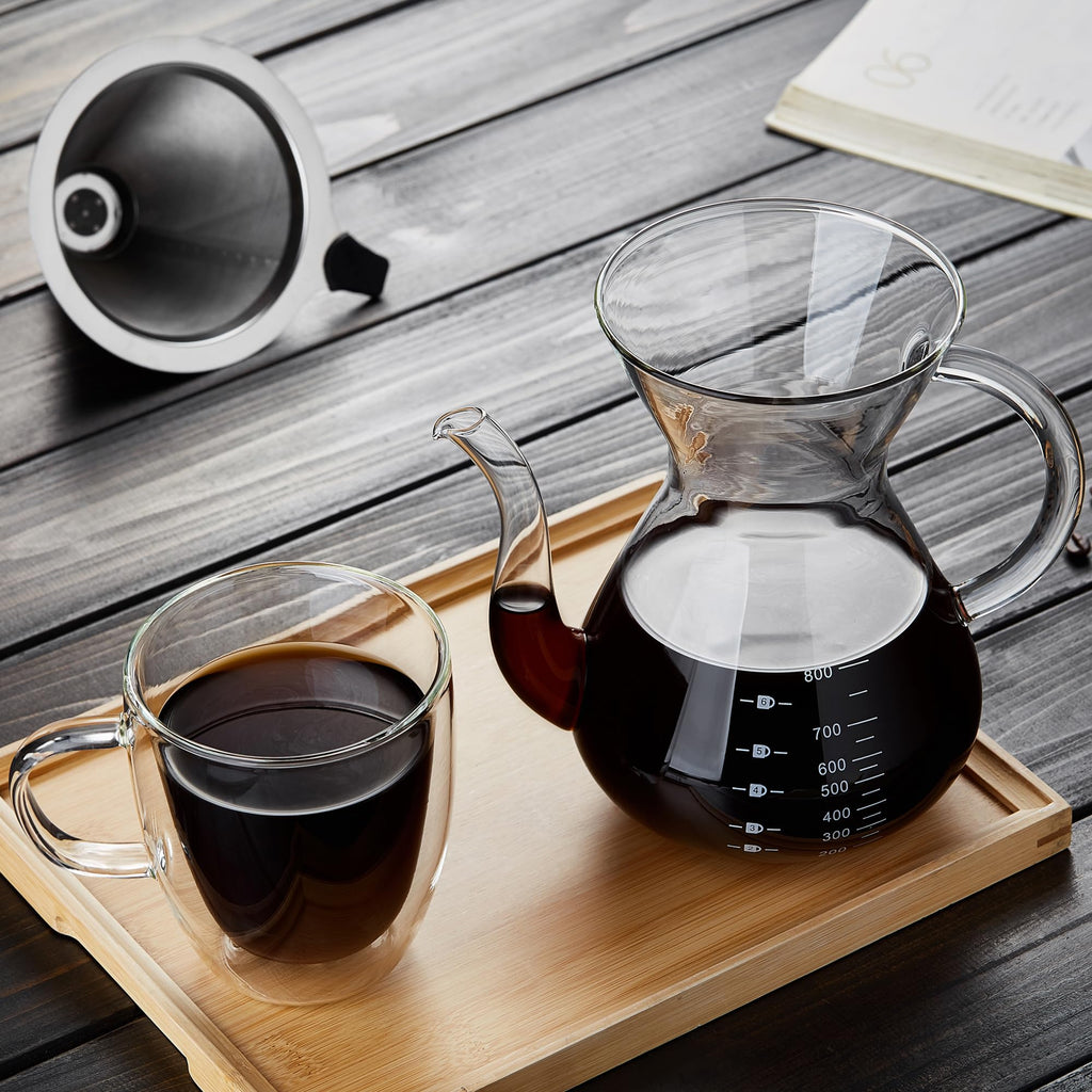 Unbreakable - Pour Over Coffee Maker with Double Stainless Filter 27 fl oz, Thickened Heat-Resistant Borosilicate Glass Pour Over Coffee Dripper, Stovetop Safe