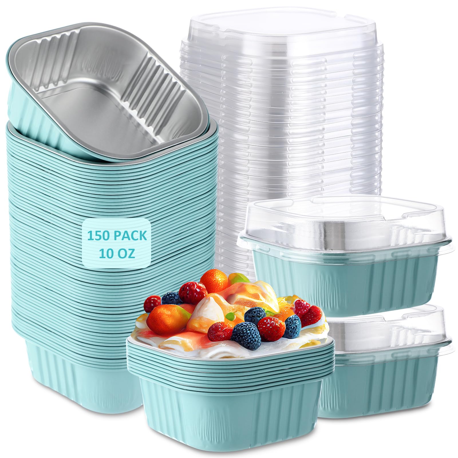 Aoriher 150 Pcs 10 oz Mini Cake Pans with Lids Aluminum Foil Baking Cup Disposable Square 4 x 4 Large Baking Tin, Muffin Pan Cheesecake Kitchen Brownie Pudding Desserts Holder(Light Blue)