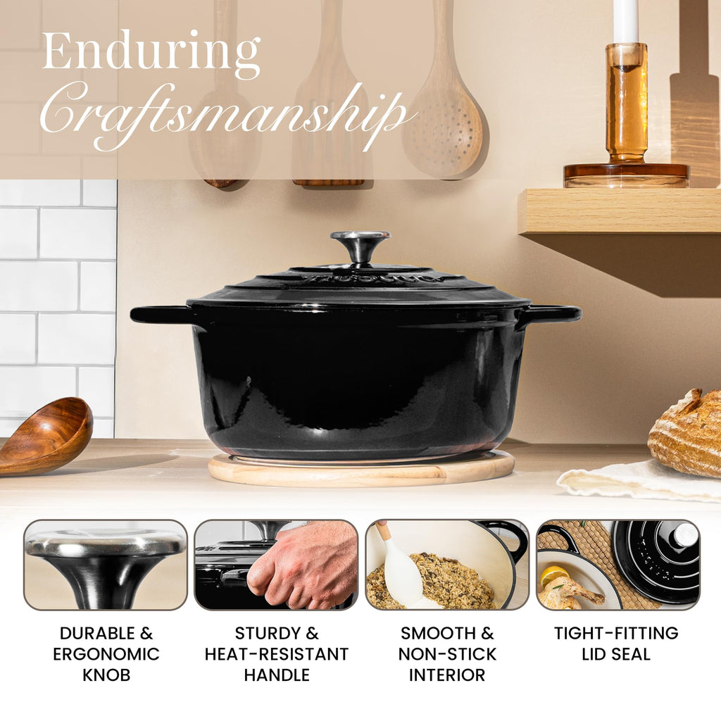 Nuovva Enamelled Cast Iron Dutch Oven Pot with Lid – 6.4 Quart Non Stick Casserole Pot – Heavy Duty & Oven Safe up to 500° F for Bread Baking, Braising, Stews, Roasting – 28cm Black