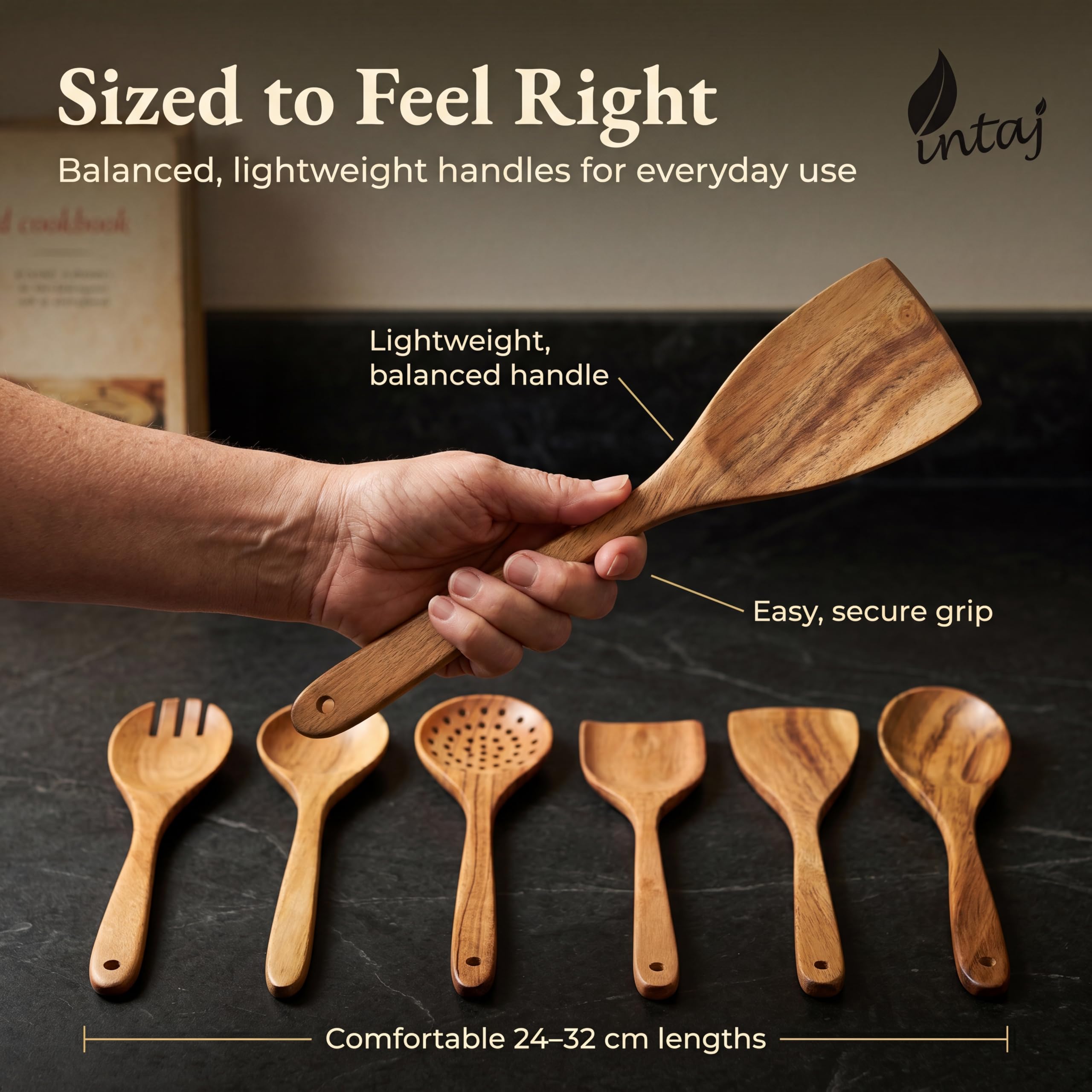 INTAJ Wooden Spoon Set for Cooking, 6-Piece Handmade Teak Kitchen Utensils