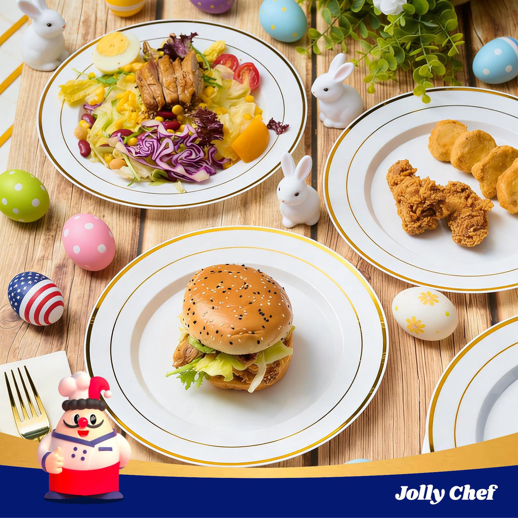 JOLLY CHEF 100 Pieces Gold Plastic Plates, 10 Inch Elegant Disposable Dinner White with Gold Rim, Disposable Plastic Plates for Christmas, Birthdays and Weddings