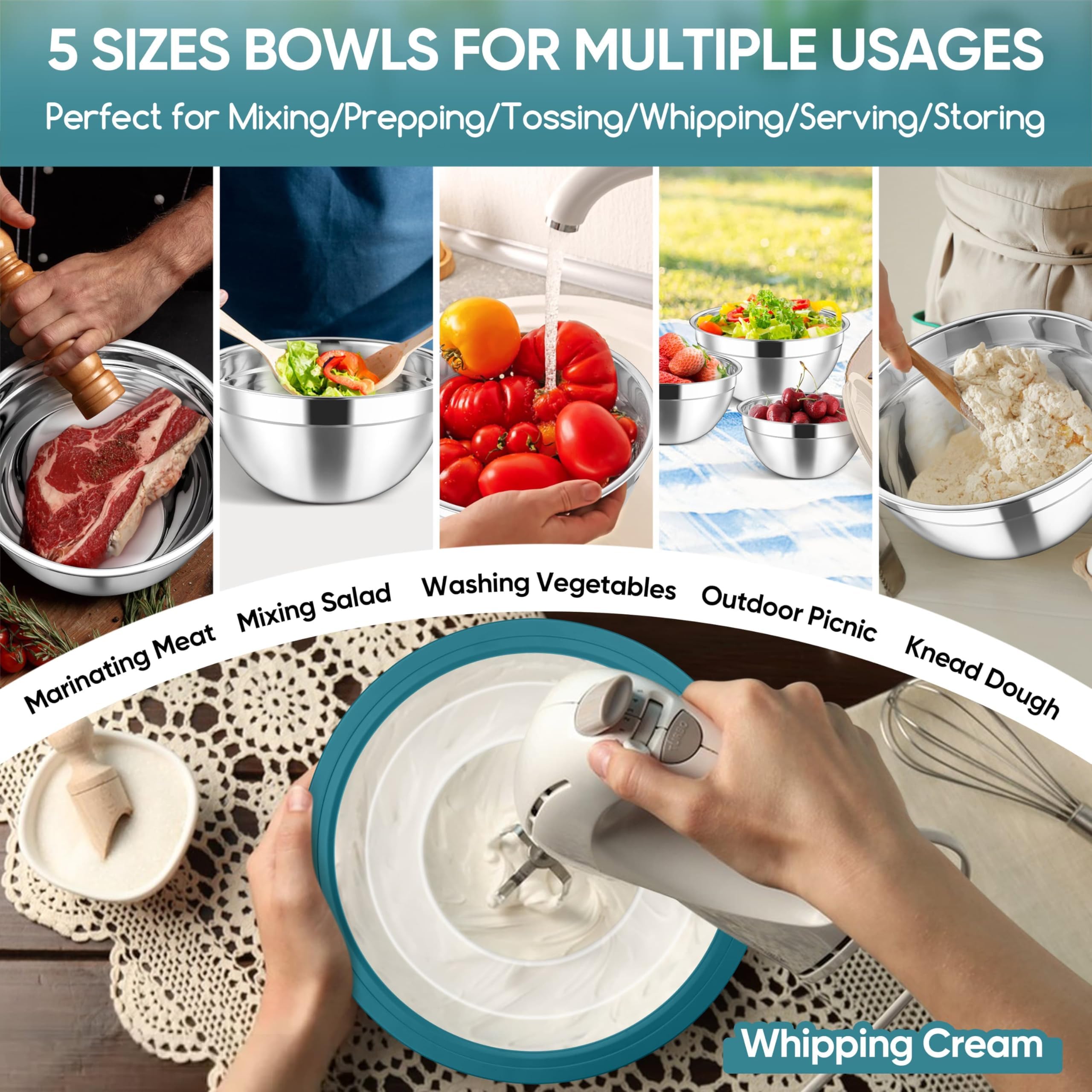 Herogo 5-Piece Mixing Bowls with Airtight Clear Lids, 3 Grater Attachments, Stainless Steel Large Bowls of 5 for Kitchen, Size 4.6, 3.5, 2.5, 2, 1.5QT Ideal for Mixing and Serving, Blue
