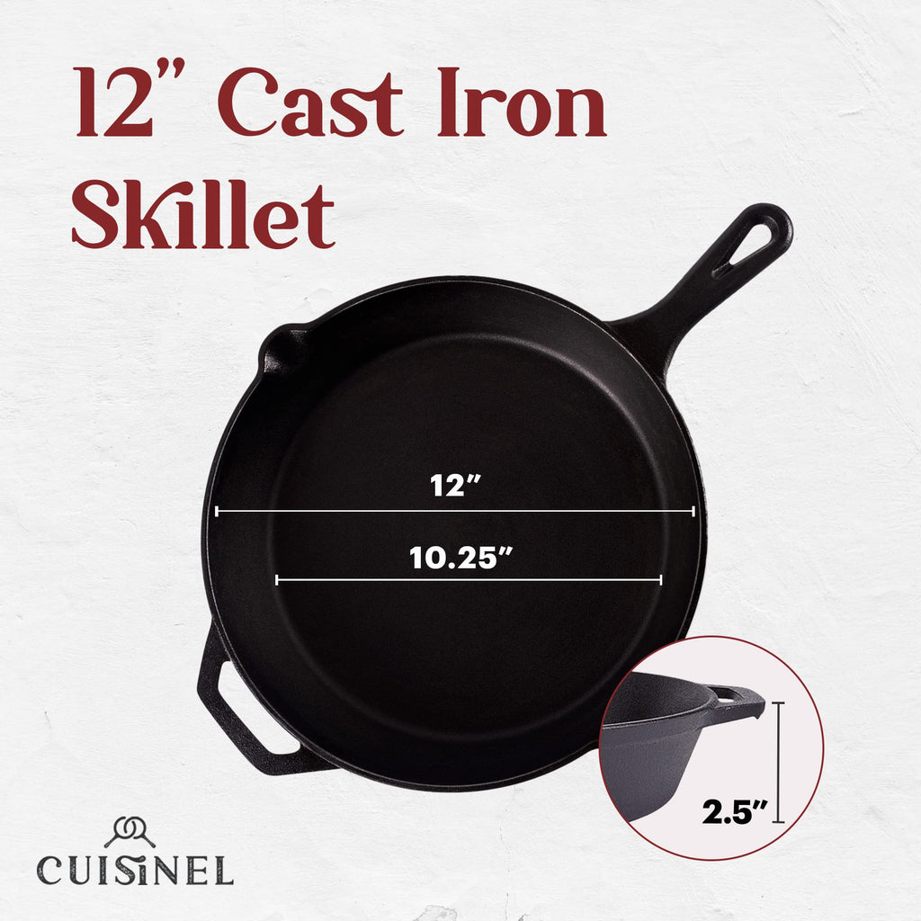 Cuisinel 12‑Inch Cast Iron Skillet – Pre‑Seasoned Frying Pan with Assist Handle & Silicone Handle Holder – Oven, Stovetop, Grill & Campfire Safe Cookware – PFAS & PFOA‑Free