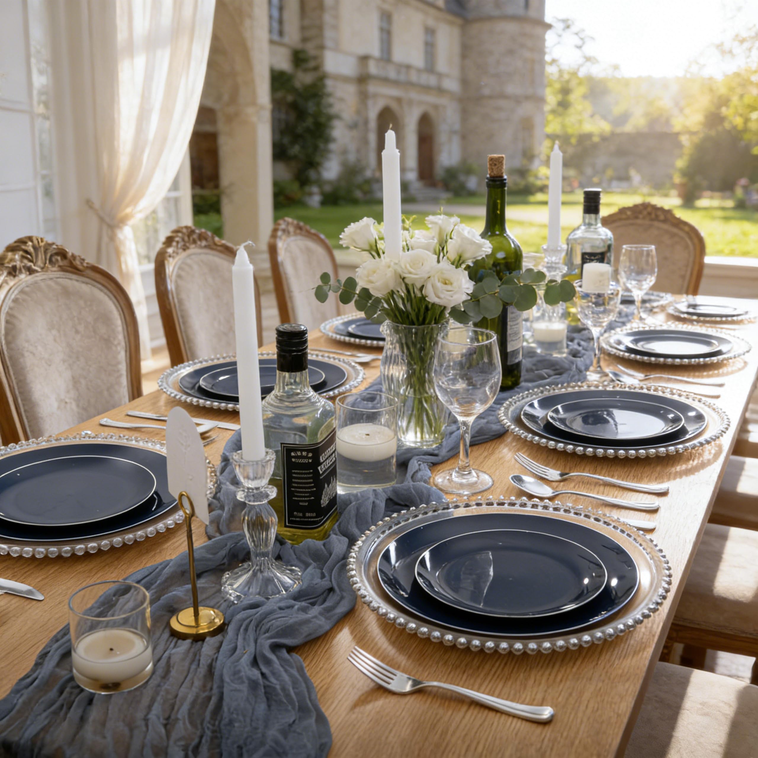 KIRE 200PCS Blue Plastic Plates with Silver Rim - Navy Blue Plastic Plates Include 100 Dinner & Dessert Plate - Heavy Duty Dark Blue Disposable Plate for Wedding/Parties