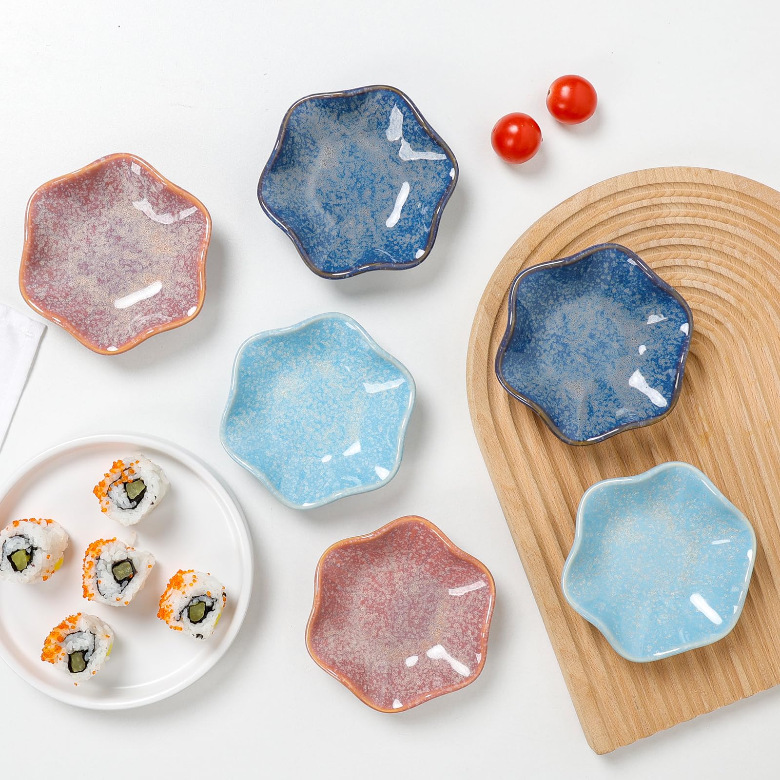ZEBERBO Dipping Bowls Set of 6, Ceramic Soy Sauce Dishes, 2 oz Dipping Sauce Cups, chrysanthemum Round Small Side Dish Dishes for Dipping Sushi Tomato Soy Sauce Dish