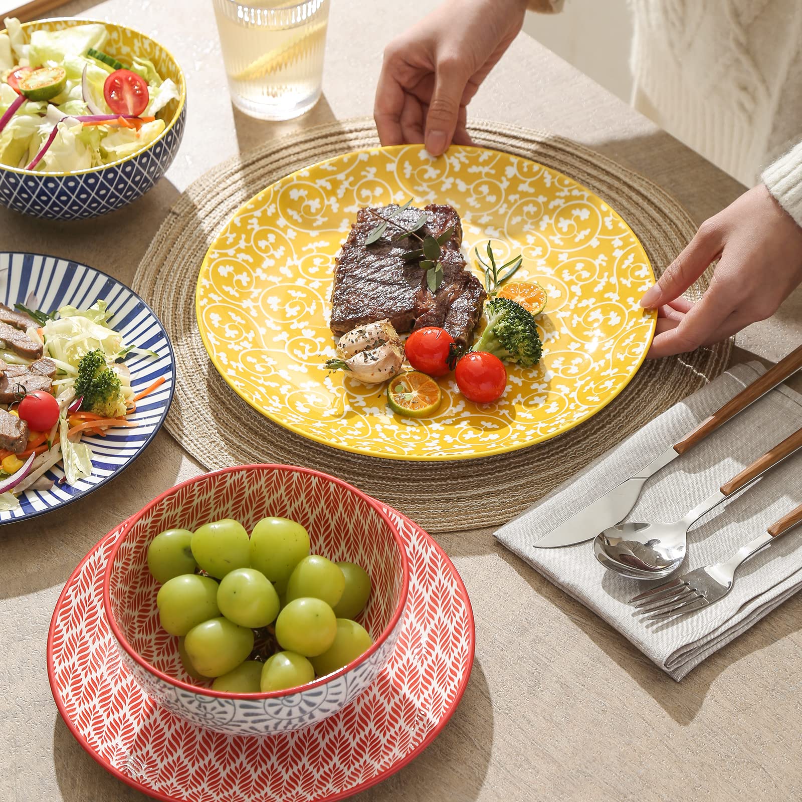 Selamica Ceramic Dinnerware Sets, 12-Pieces Plates and Bowls Sets, Scratch Resistant Dishes set for 4, Dishwasher & Microwave Safe, Assorted Colors