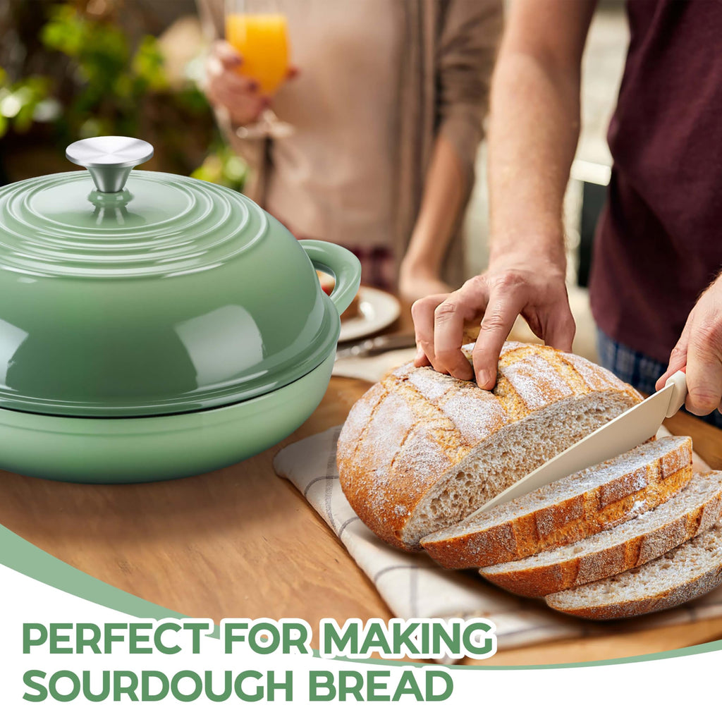 E-far Dutch Oven for Sourdough Bread Baking, 6 Qt Round Enameled Cast Iron Dutch Oven for Homemade Artisan Bread, Dome Lid & Shallow Base, Matte Black Interior & Durable, Oven-Safe to 500℉, Green