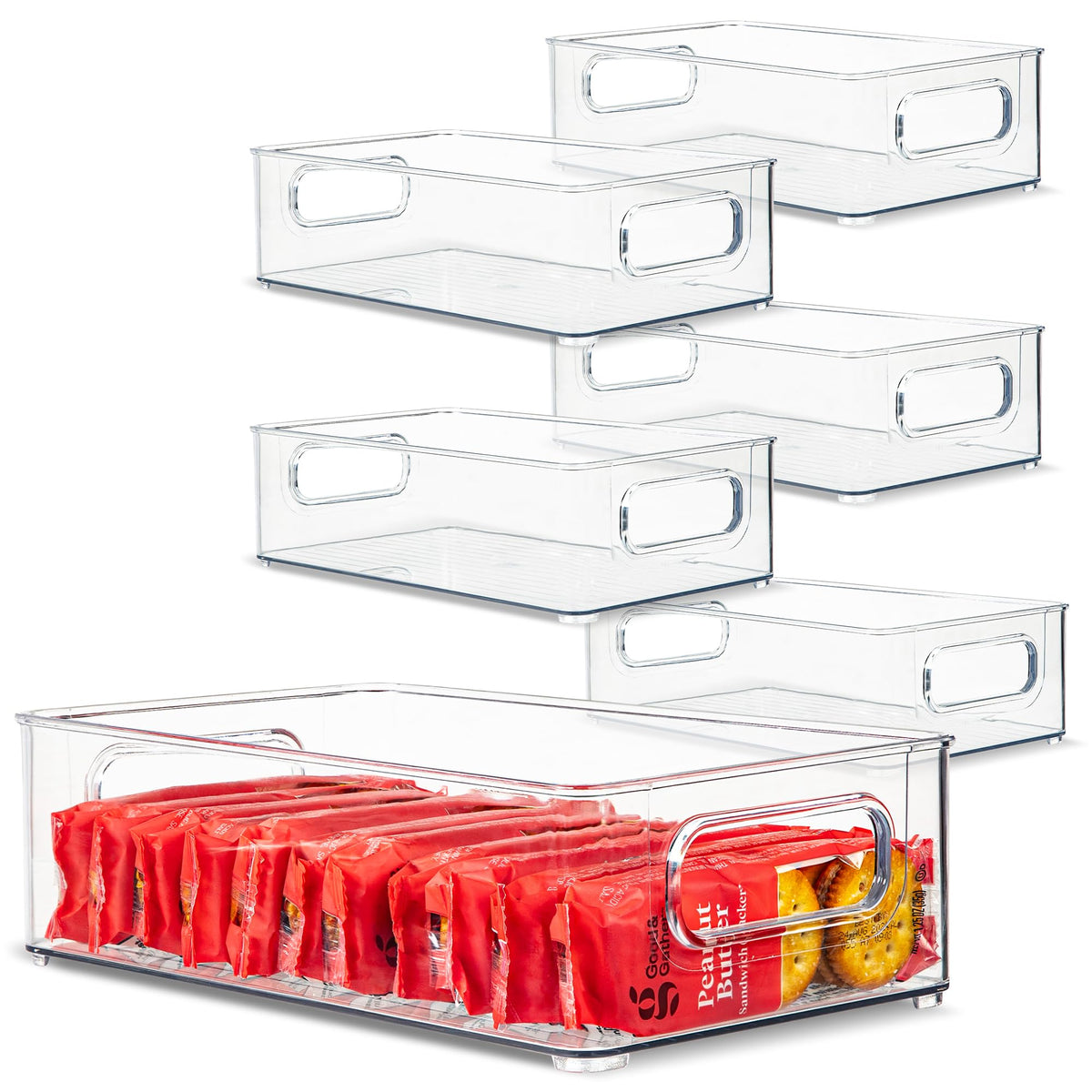 Plastic Food Storage 2 Pack Clear Container Bin with Handles for Organizing Kitchen, Pantry, Refrigerator, Freezer, Pantry, Cabinet, Closet, Bathroom. 16”x8”x5”