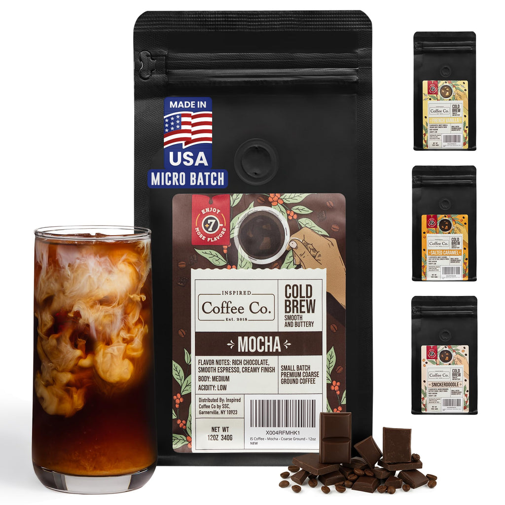 Inspired Coffee Co Cold Brew Coffee - Mocha Flavored - Coarse Ground Beans For Perfect Medium Roast Low Acid Smooth Taste - 100% Arabica Grounds 12 oz. Resealable Bag