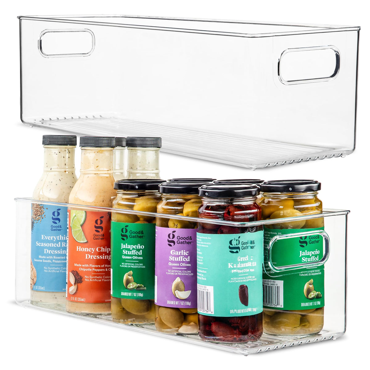 Plastic Food Storage 2 Pack Clear Container Bin with Handles for Organizing Kitchen, Pantry, Refrigerator, Freezer, Pantry, Cabinet, Closet, Bathroom. 16”x8”x5”