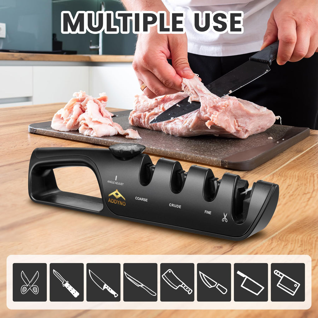ADDYNO Knife Sharpener, Adjustable Angle 4-in-1 Kitchen Knife Sharpener, 3-Stage Coarse Sharpen Fine with Scissors Slot, Non-Slip Base Ergonomic Handle for Household Knives and Scissors