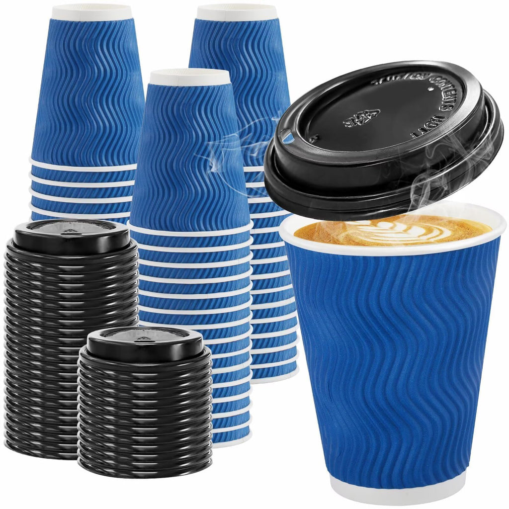 Clawsoff 100 Pack 12 oz Coffee Cups with Lids Disposable Insulated Cup Navy