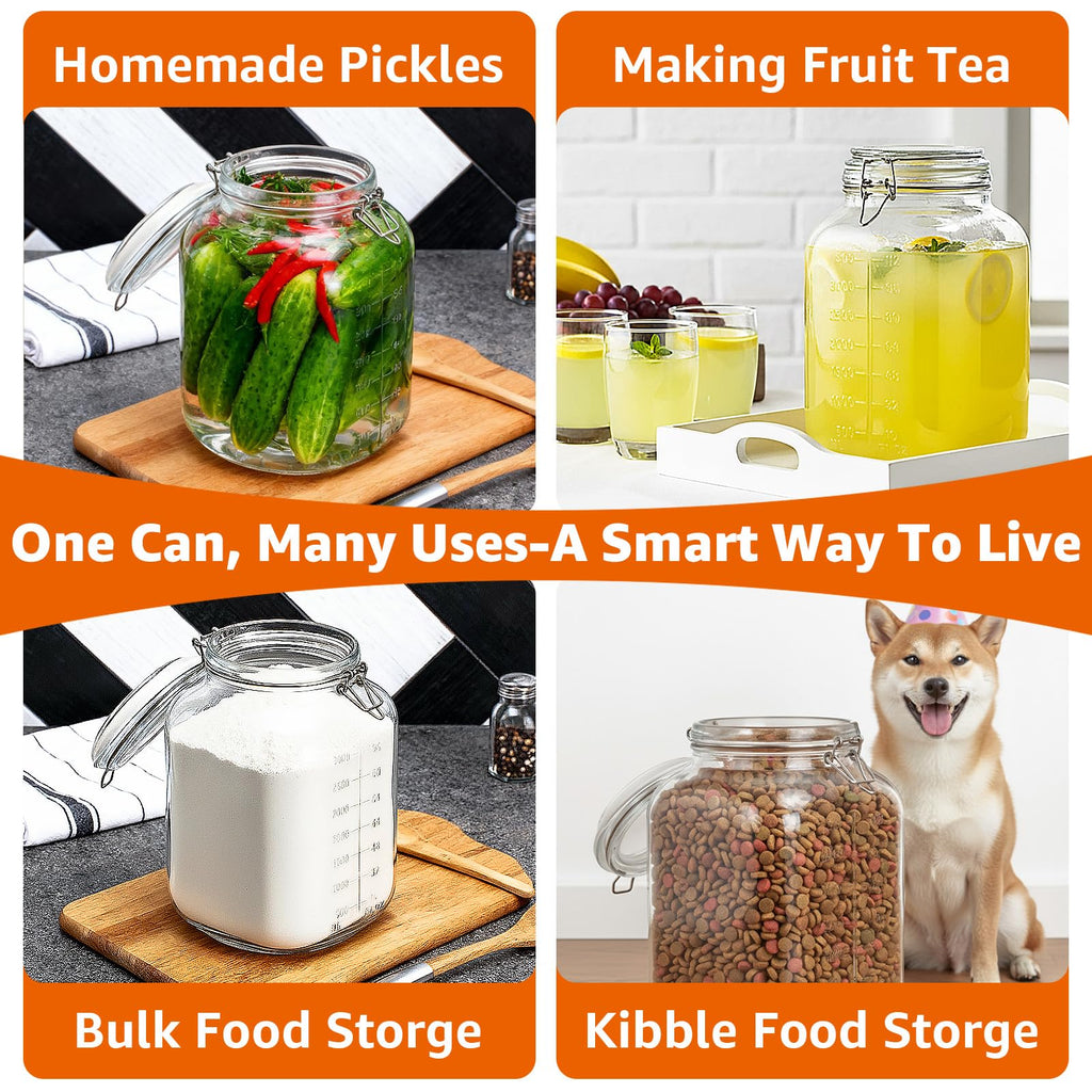 PUSCRIENO 2 Pack 1.1 Gallon Square Super Wide Mouth, Airtight Glass Storage Jars, with Measurement Marks, Leak-Proof Lids for Kitchen Pantry, Canning, Dry Food (Flour, Sugar) & Drinks