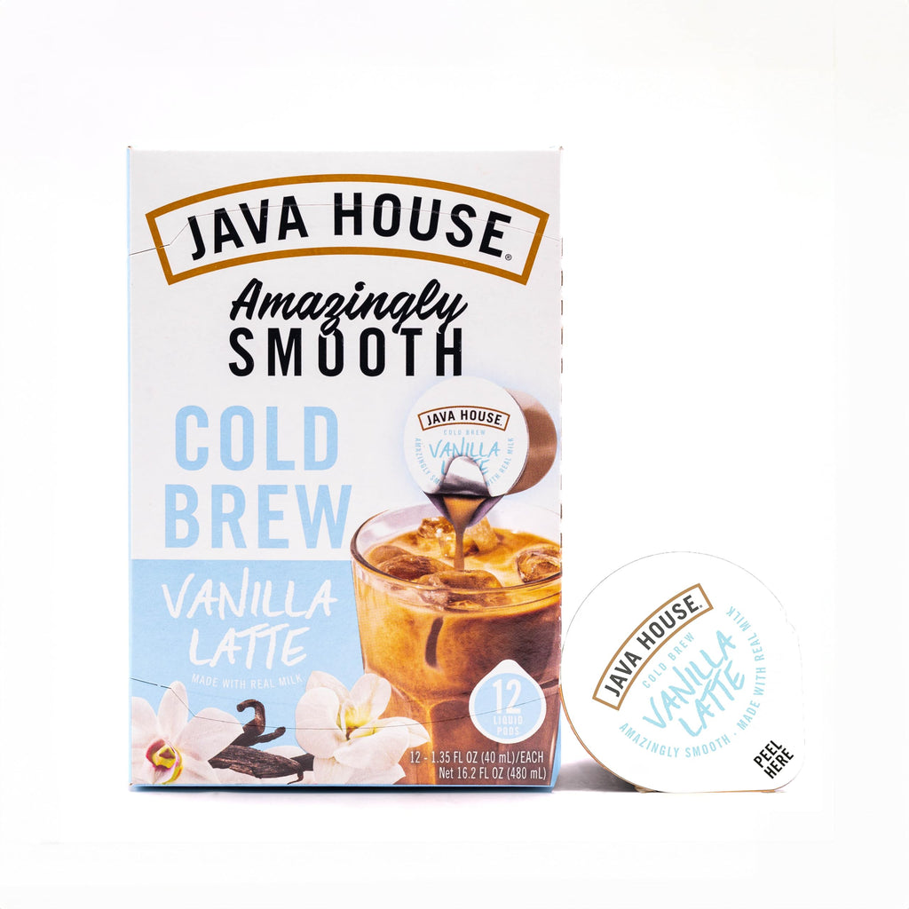 JAVA HOUSE French Vanilla Latte Cold Brew Coffee Capsules, 1.35 Fluid Ounces (48 Count) Peel and Pour, TSA Approved, Travel Friendly Cold Brew, Hot or Iced