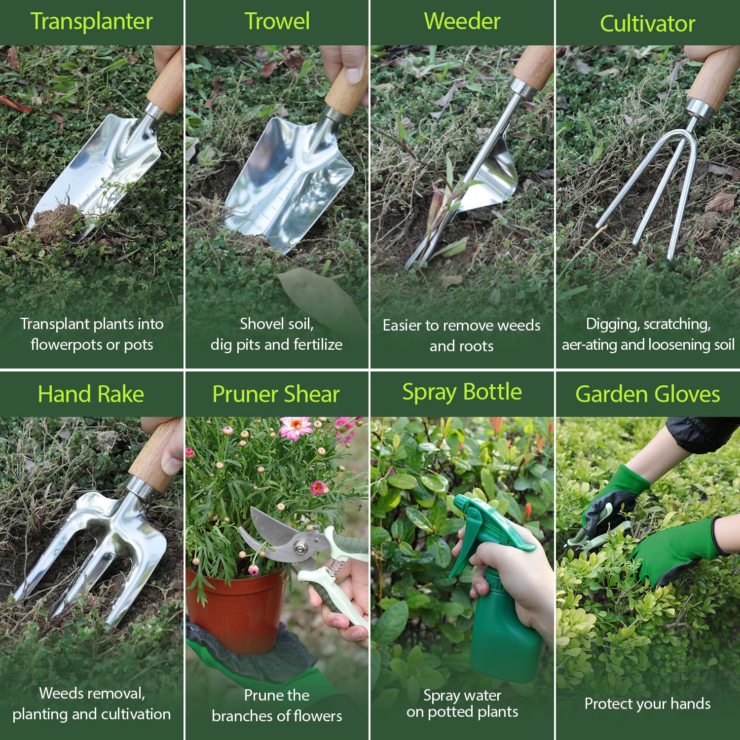 HoHaing Garden Tool Set, 10 Piece Kit with Heavy Duty Folding Stool, Detachable Storage Tote Bag, Stainless Steel Tools, Gifts for Women Men Green